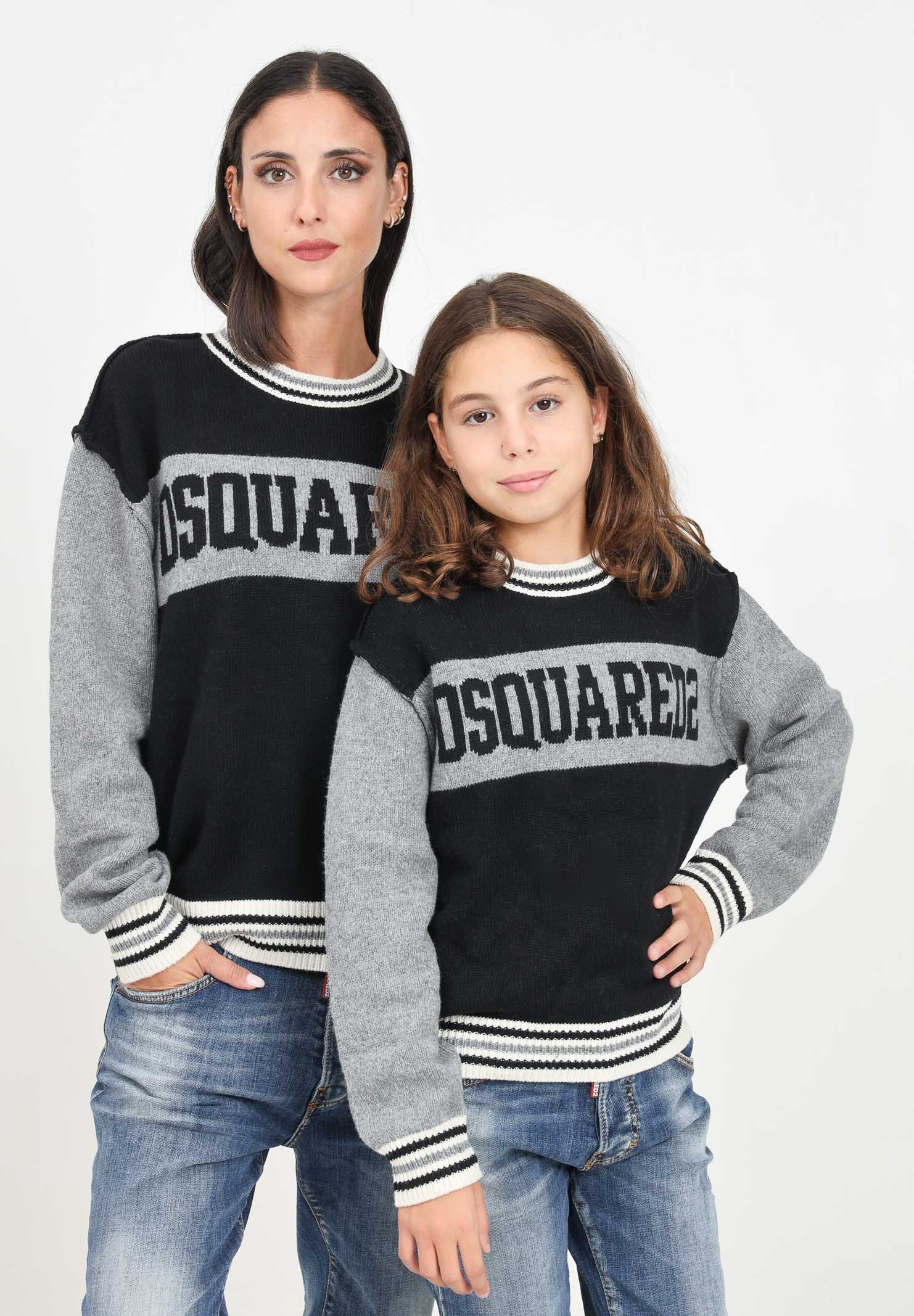 Maglioncino girocollo grigio e nero per donna e bambina con ricamo logo DQ2452D0A9R DQ900 DSQUARED2