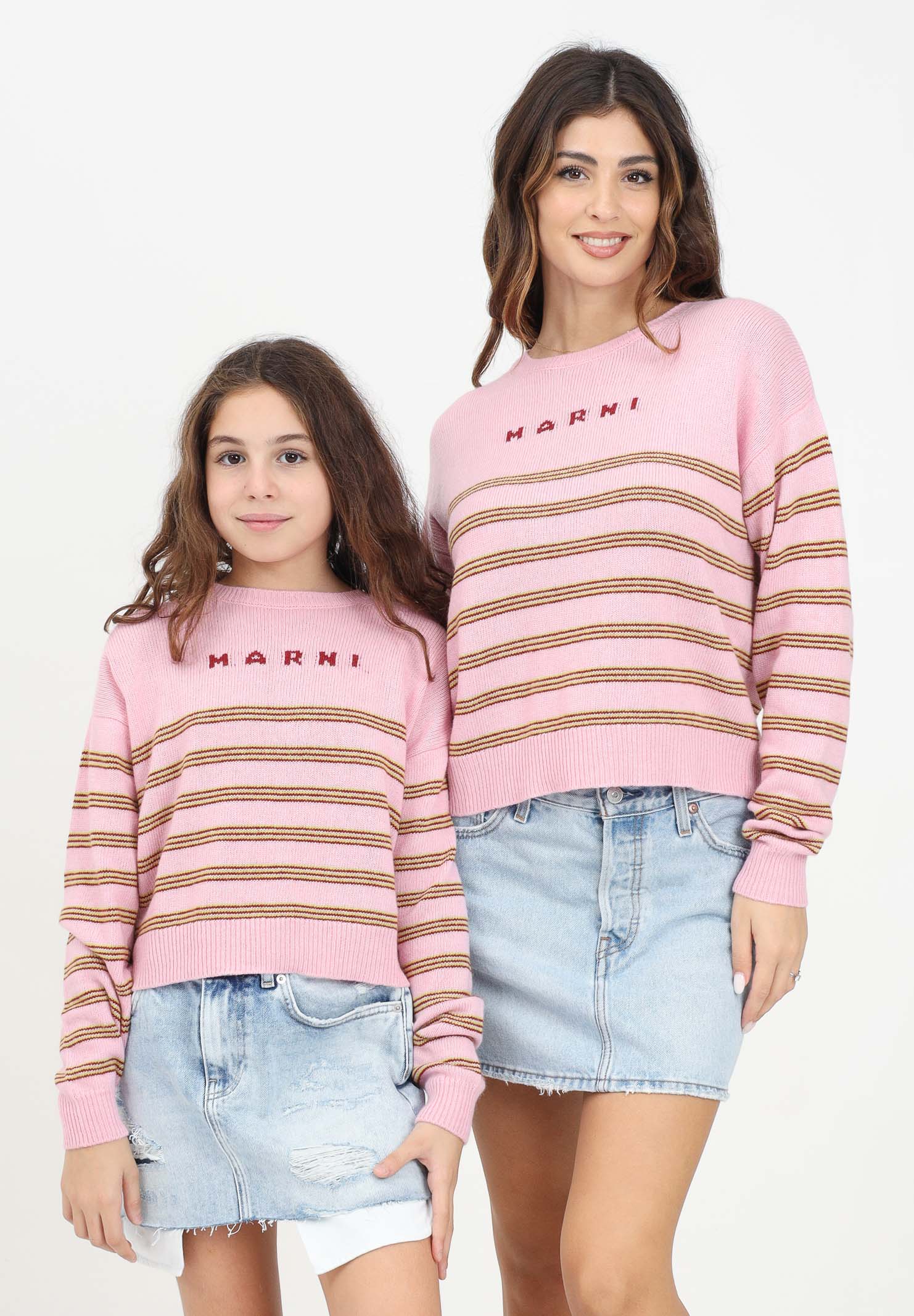 Maglioncino girocollo rosa per donna e bambina con logo e motivo a righe M01205M00SZ 0M345 MARNI