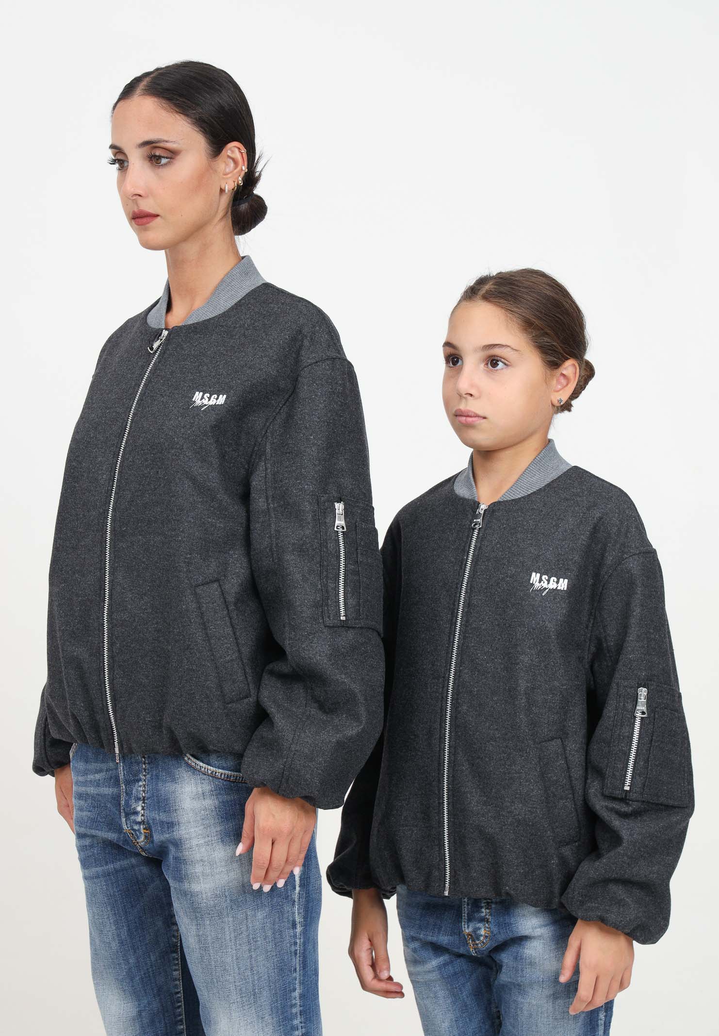 Bomber grigio per donna e bambina con piccolo ricamo logo F4MSJGBO209 101 MSGM