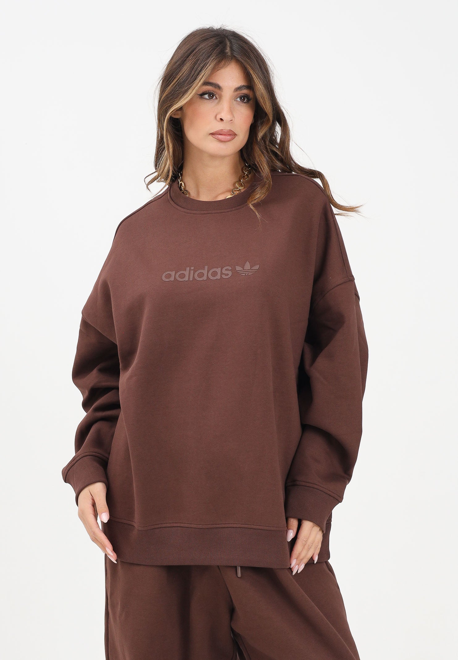 ADIDAS ORIGINALS Felpa girocollo Essentials Linear Oversized Crew marrone da donna JW1018 . ADIDAS ORIGINALS
