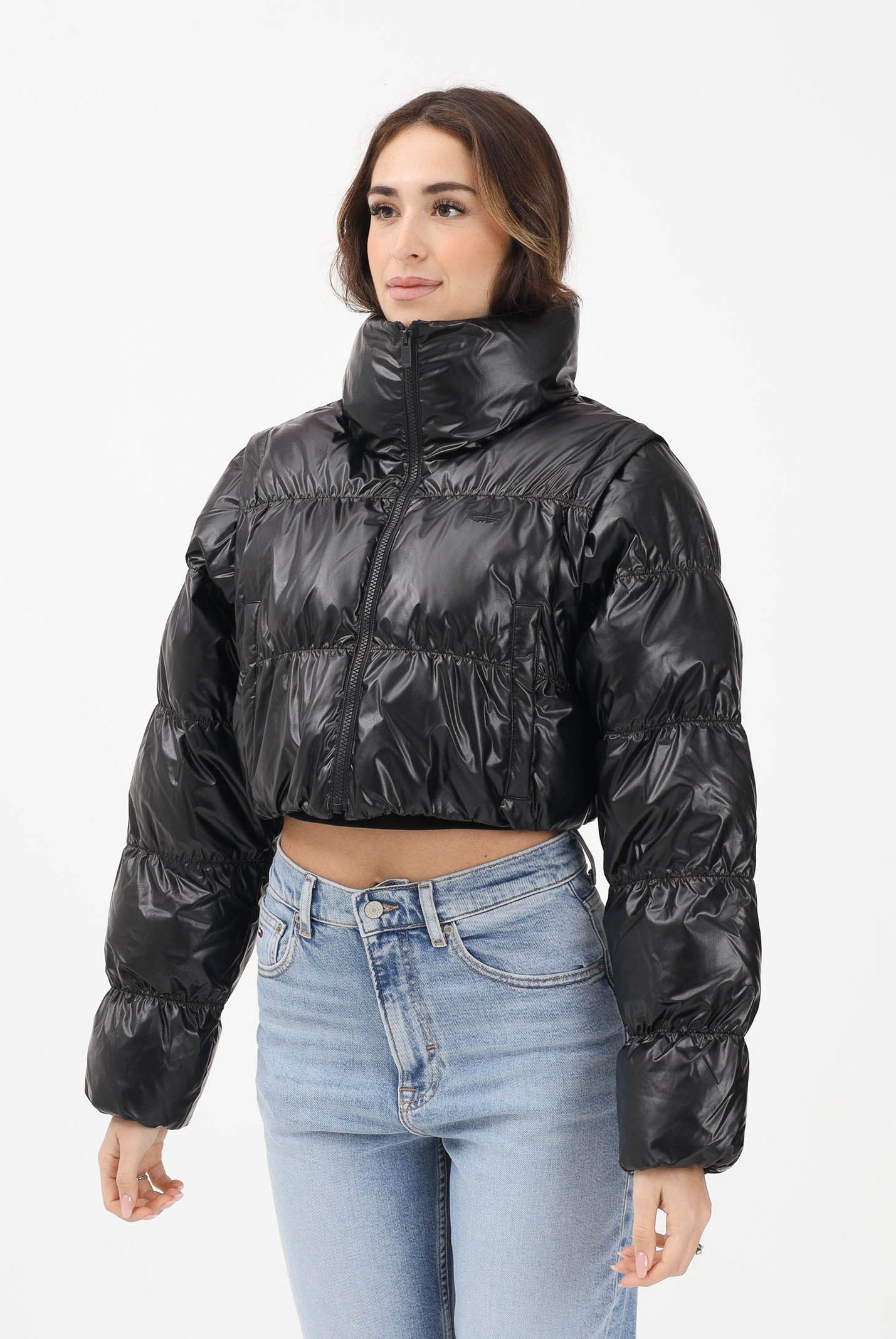 ADIDAS ORIGNALS Piumino croppato Essentials Glossy 2-In-1 nero da donna JX2988 . ADIDAS ORIGINALS