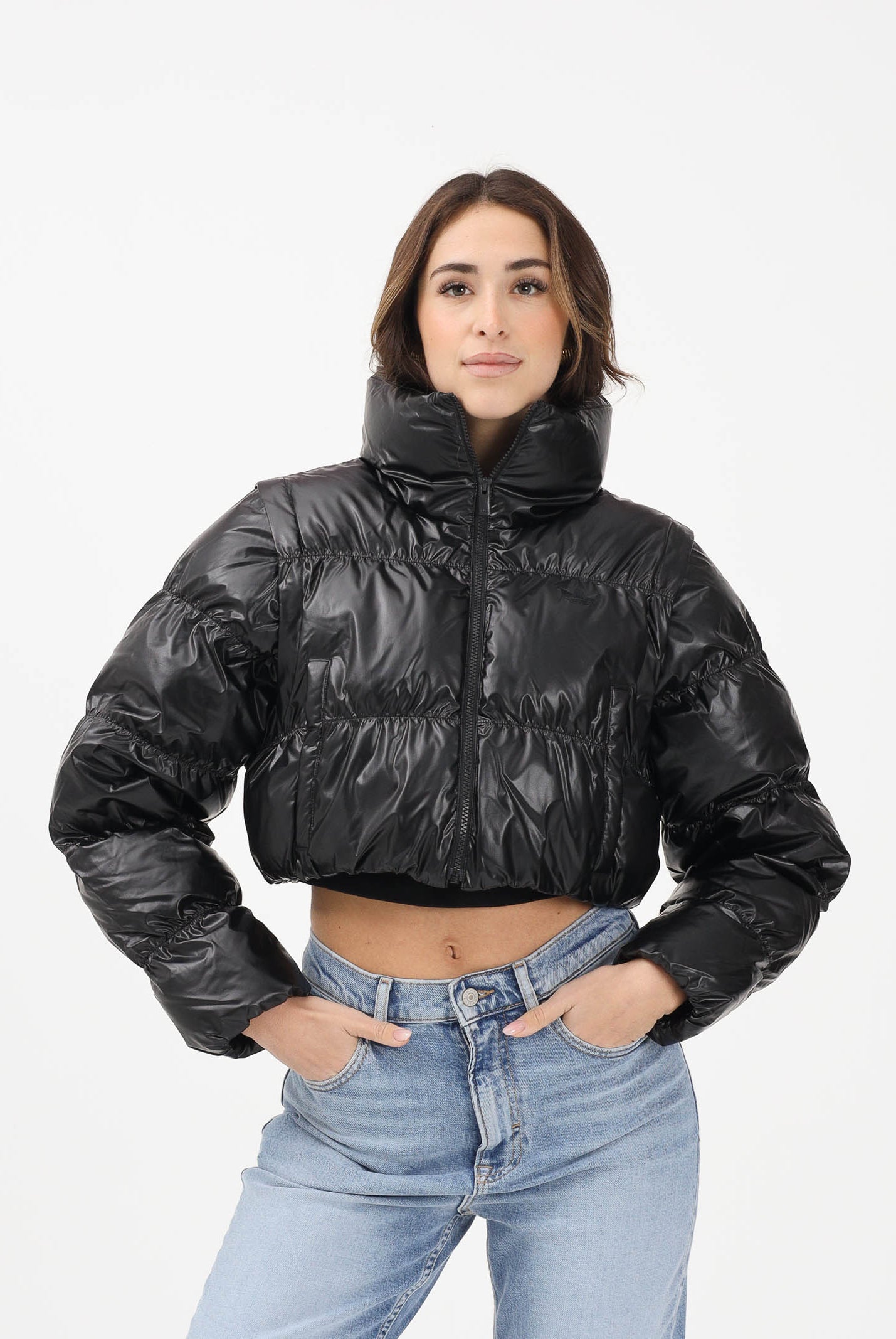 ADIDAS ORIGNALS Piumino croppato Essentials Glossy 2-In-1 nero da donna JX2988 . ADIDAS ORIGINALS
