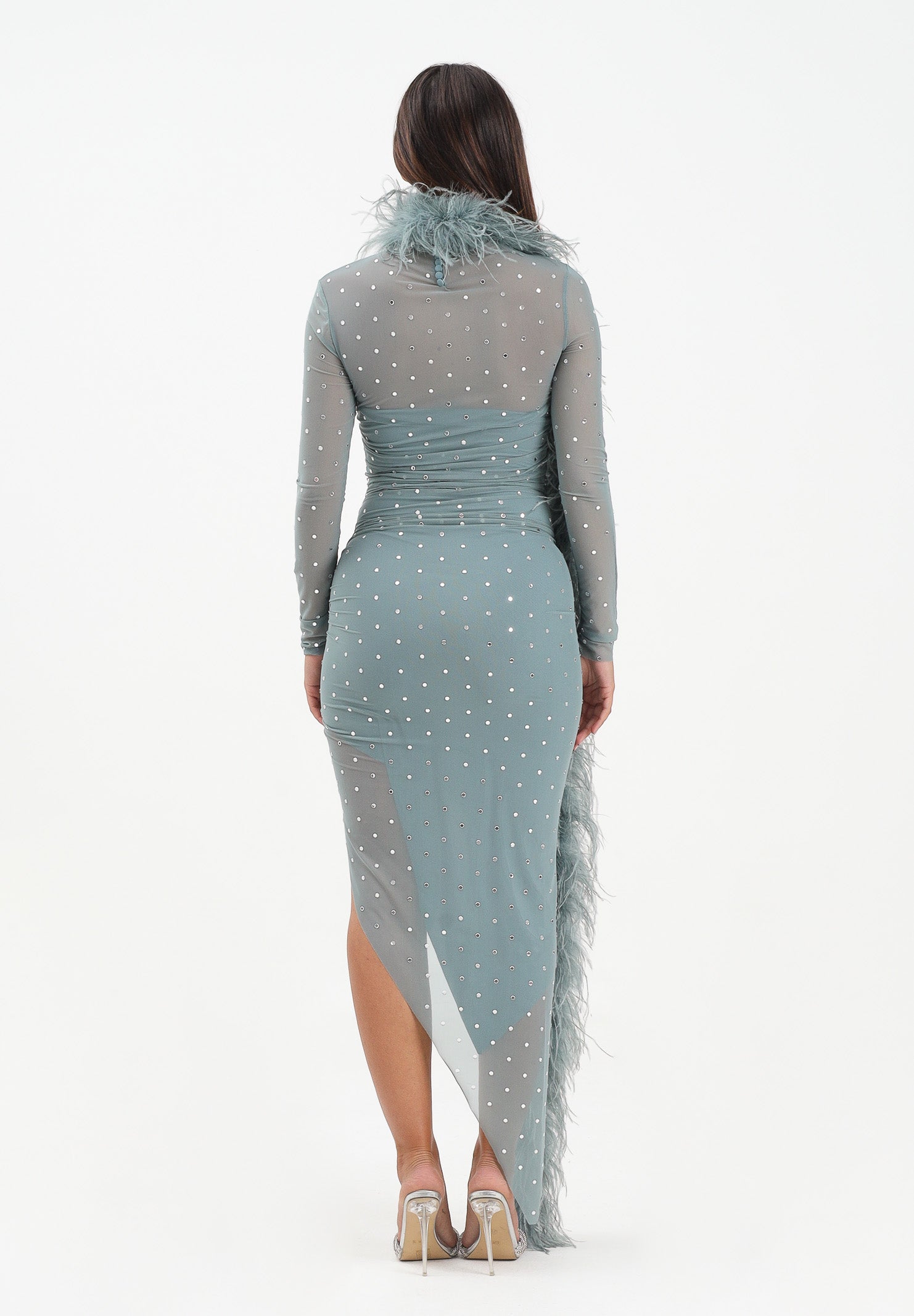ALMA SANCHEZ Abito midi Acerno carta da zucchero da donna con piume e strass AS2526008RT 814 ALMA SANCHEZ