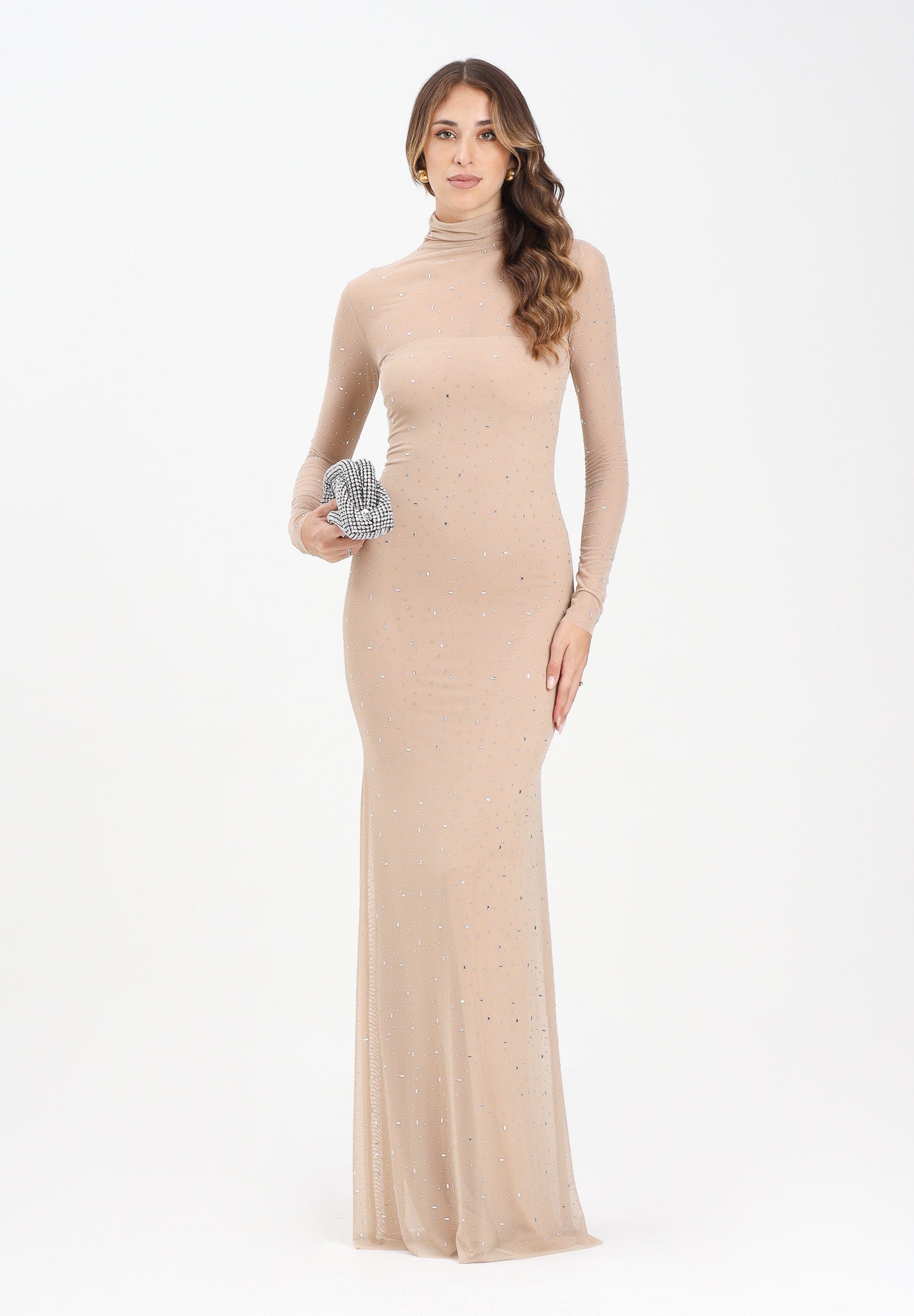 ALMA SANCHEZ Abito lungo Acoro nude da donna con strass all-over AS2526010RT 063 ALMA SANCHEZ