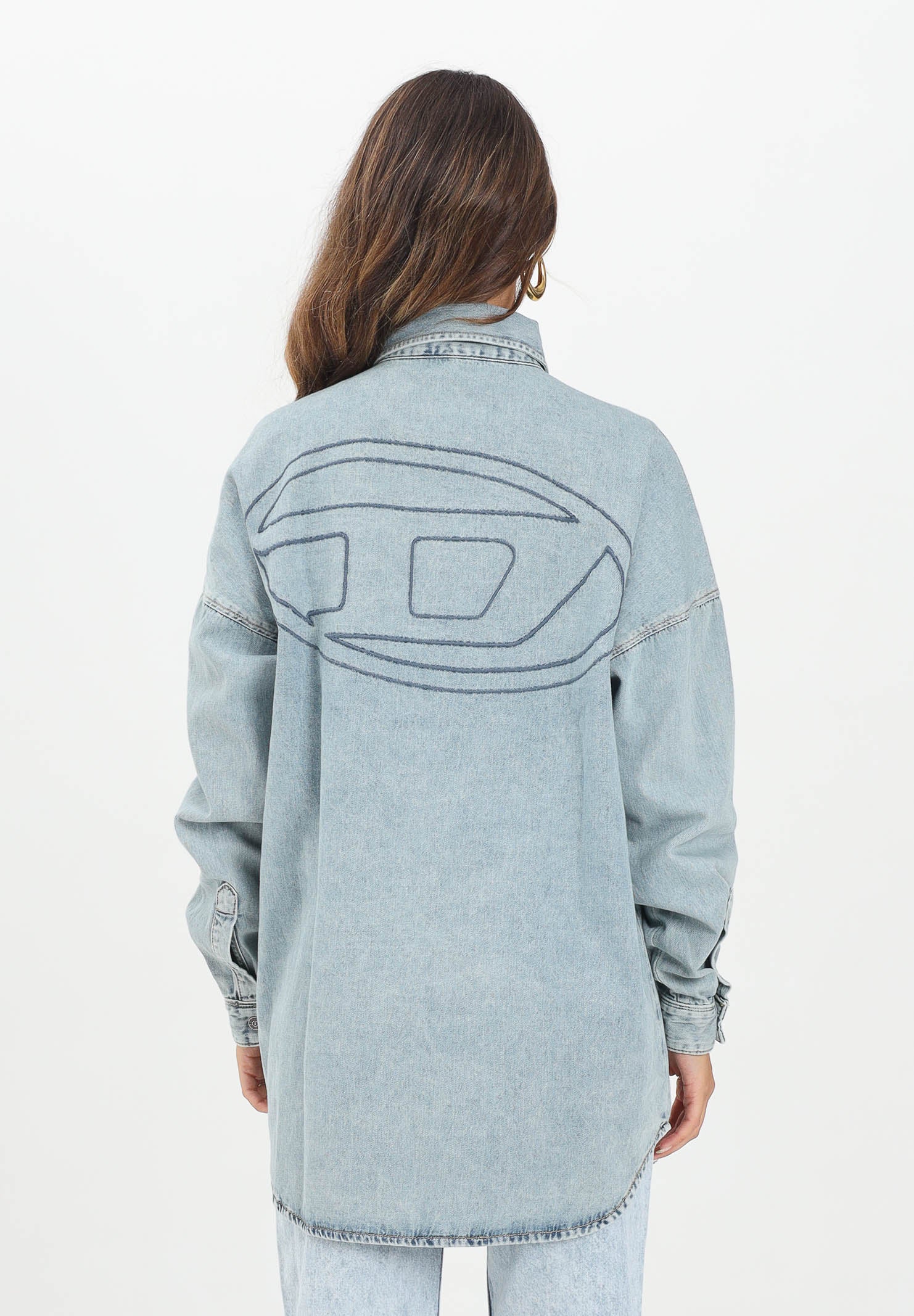 DIESEL Camicia a manica lunga in denim chiaro per donna, ragazzi e bambini con maxi logo Oval D J02307KXBPS K01 DIESEL