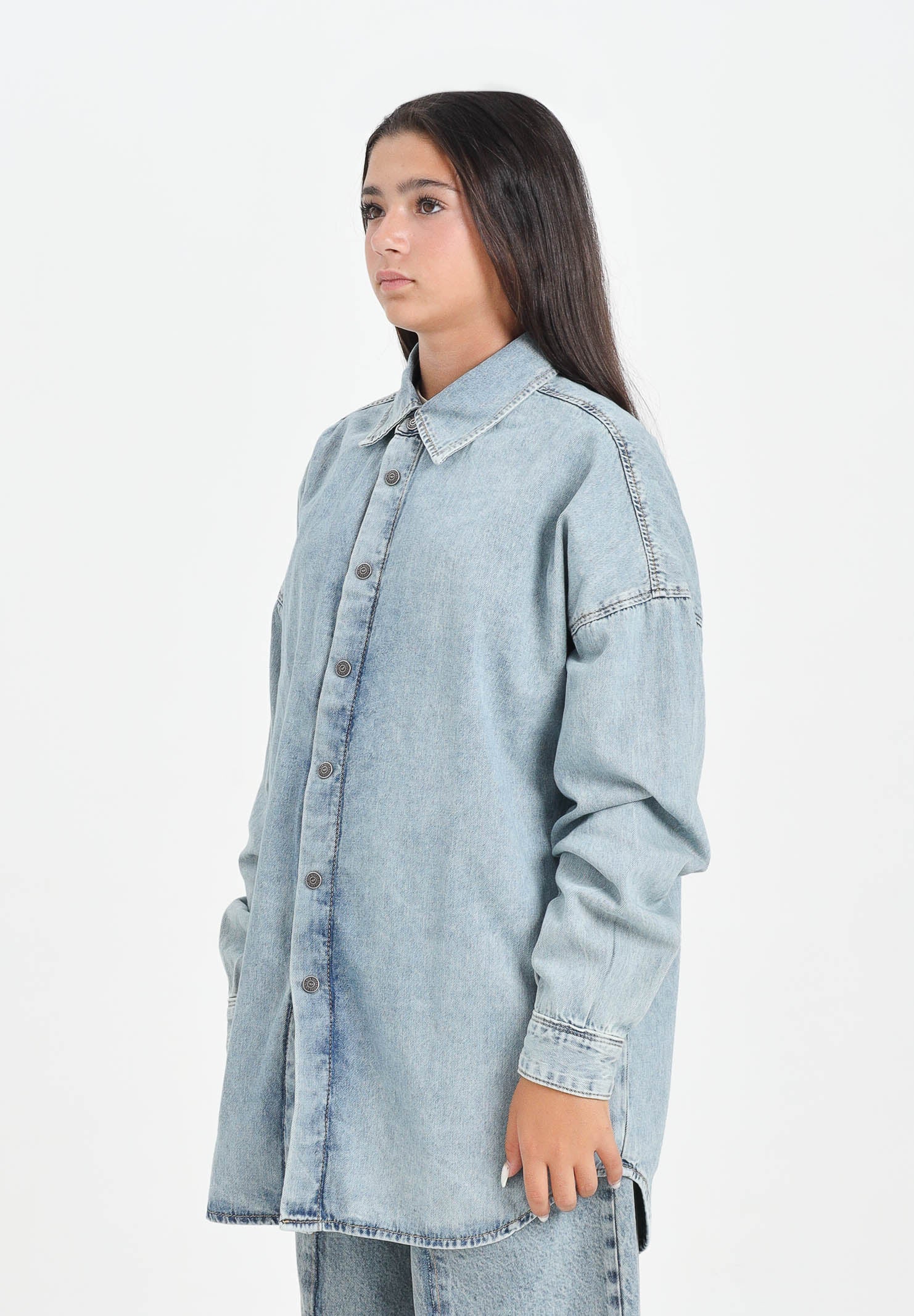 DIESEL Camicia a manica lunga in denim chiaro per donna, ragazzi e bambini con maxi logo Oval D J02307KXBPS K01 DIESEL