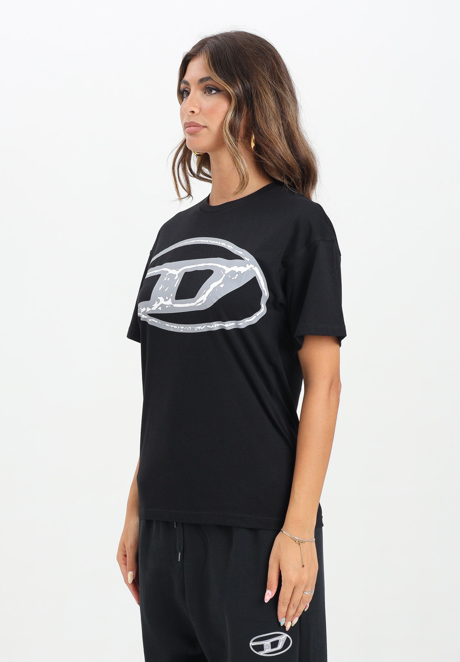 DIESEL T-shirt a manica corta nera per donna, ragazzi e bambini con maxi logo Oval D J02477KYAUN K900 DIESEL