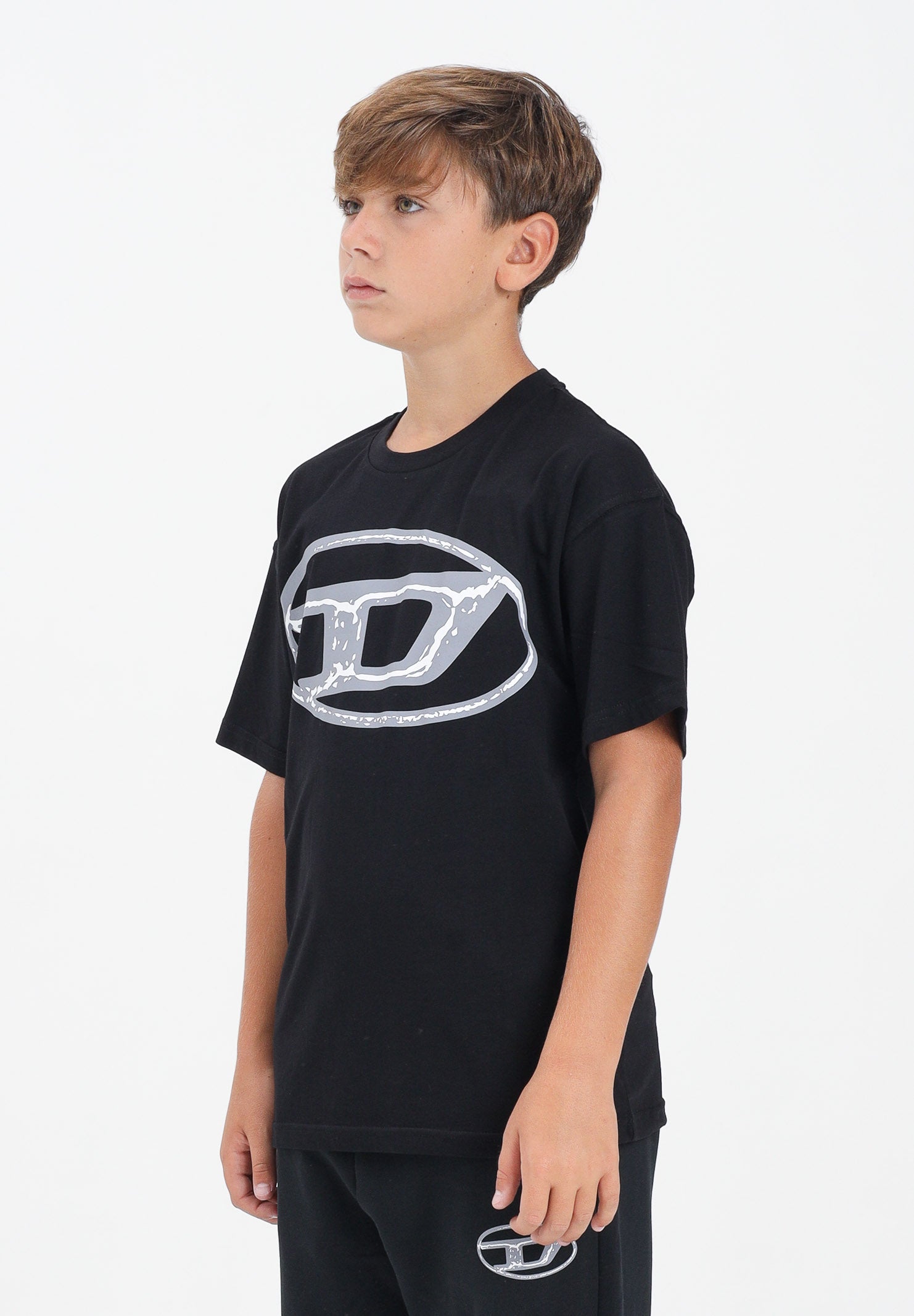 DIESEL T-shirt a manica corta nera per donna, ragazzi e bambini con maxi logo Oval D J02477KYAUN K900 DIESEL