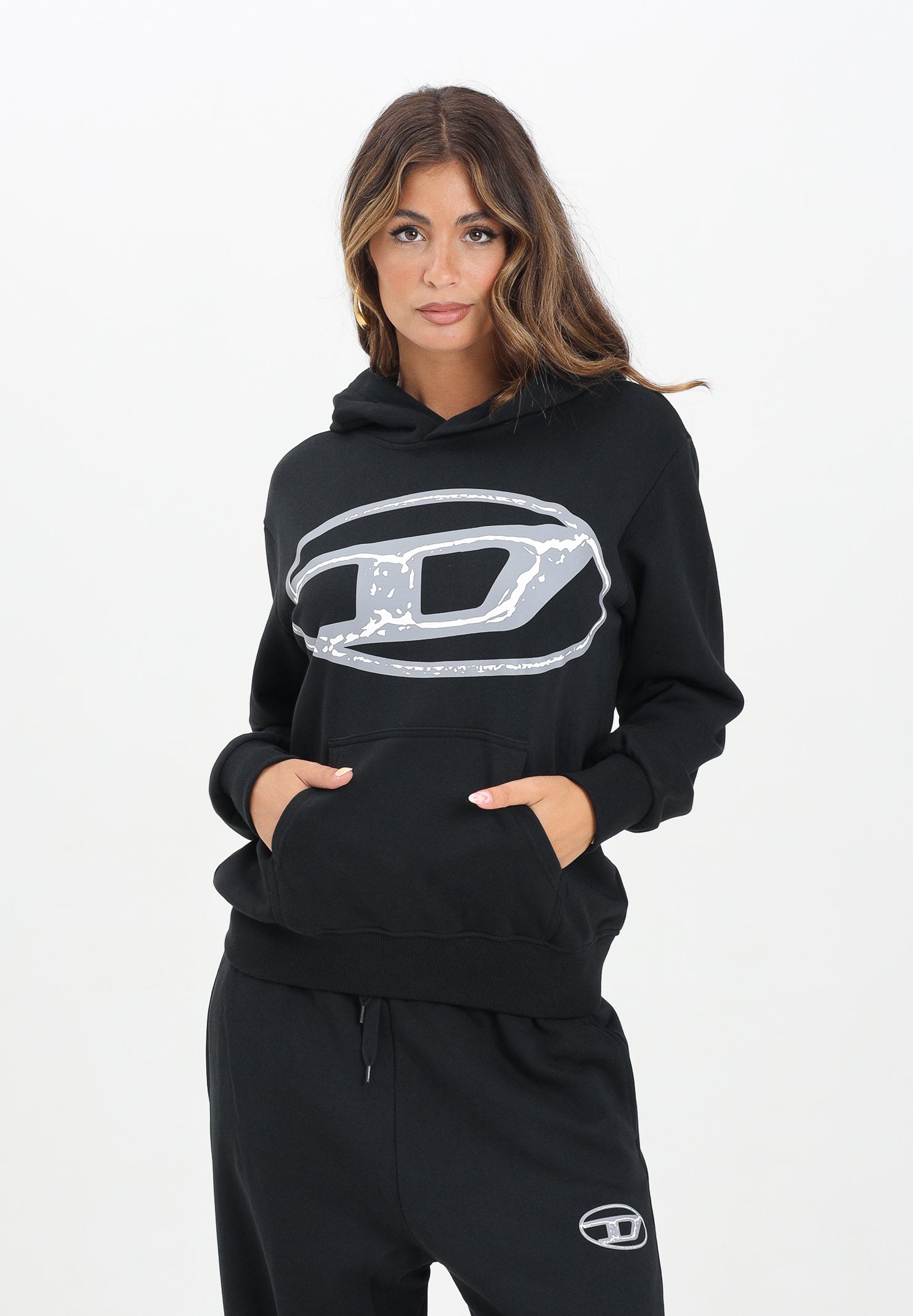 DIESEL Felpa con cappuccio nera per donna, ragazzi e bambini con maxi logo Oval D J02487KYAQK K900 DIESEL