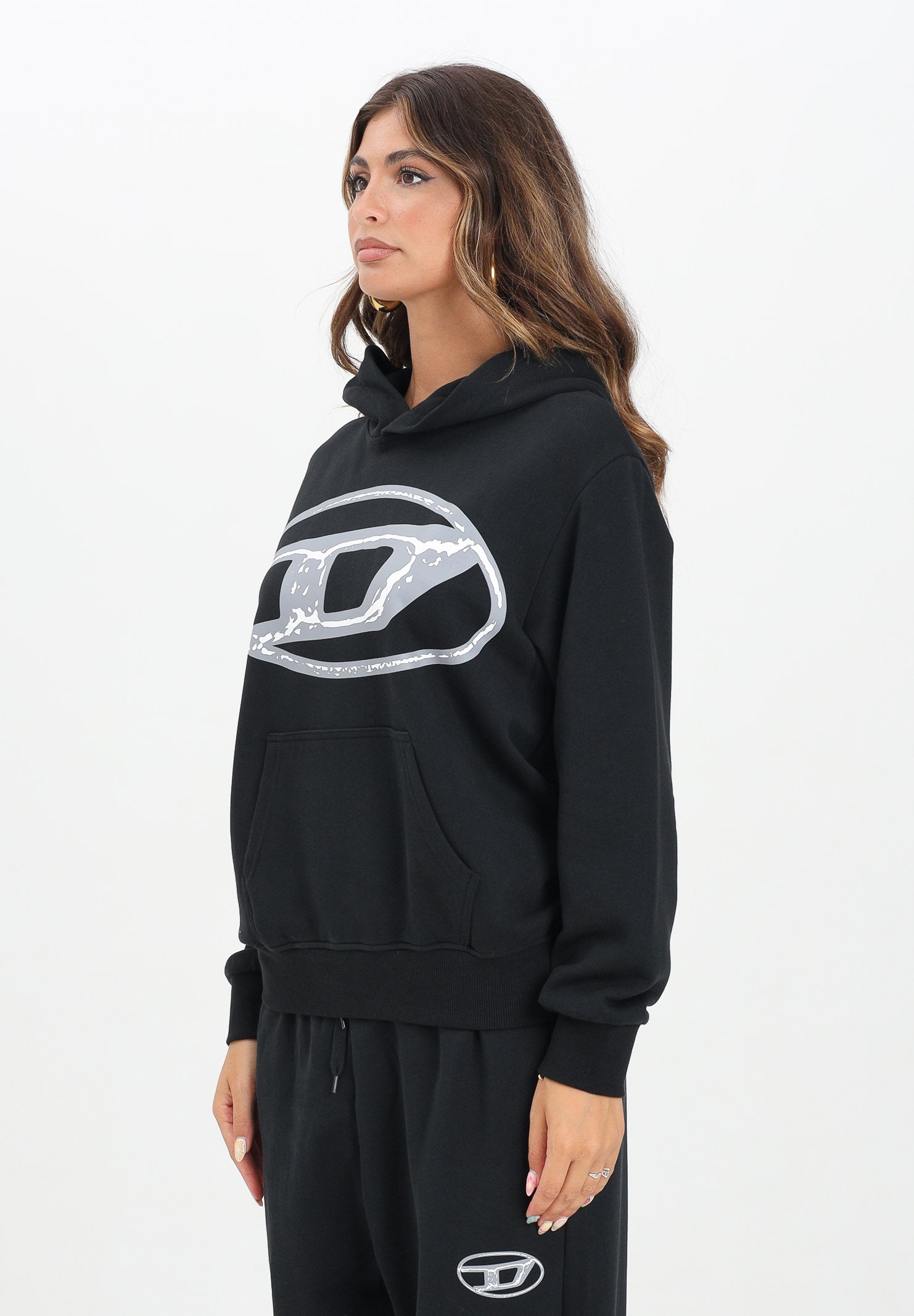 DIESEL Felpa con cappuccio nera per donna, ragazzi e bambini con maxi logo Oval D J02487KYAQK K900 DIESEL