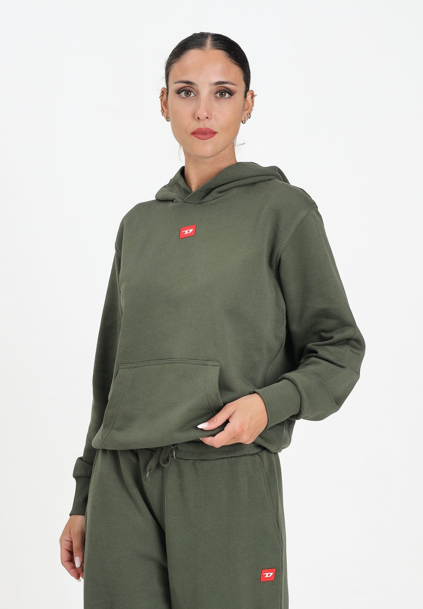 DIESEL Felpa con cappuccio verde militare per donna, ragazzi e bambini rifinita da patch D J025020GEAD K513 DIESEL