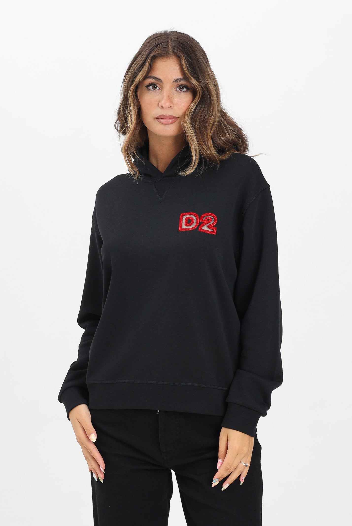 DSQUARED2 Felpa con cappuccio nera per donna, ragazzi e bambini con logo Beads DQ3016D009B DQ900 DSQUARED2