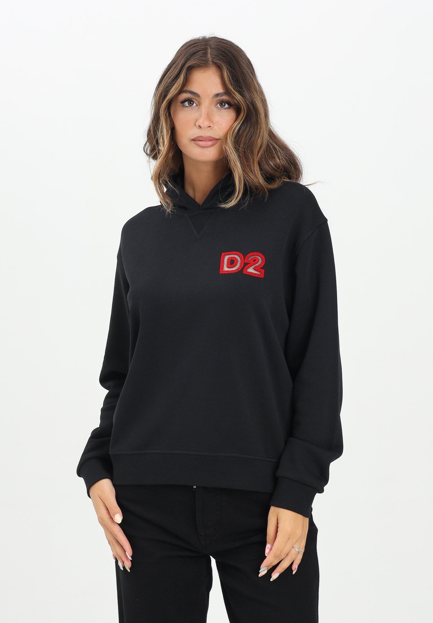 DSQUARED2 Felpa con cappuccio nera per donna, ragazzi e bambini con logo Beads DQ3016D009B DQ900 DSQUARED2