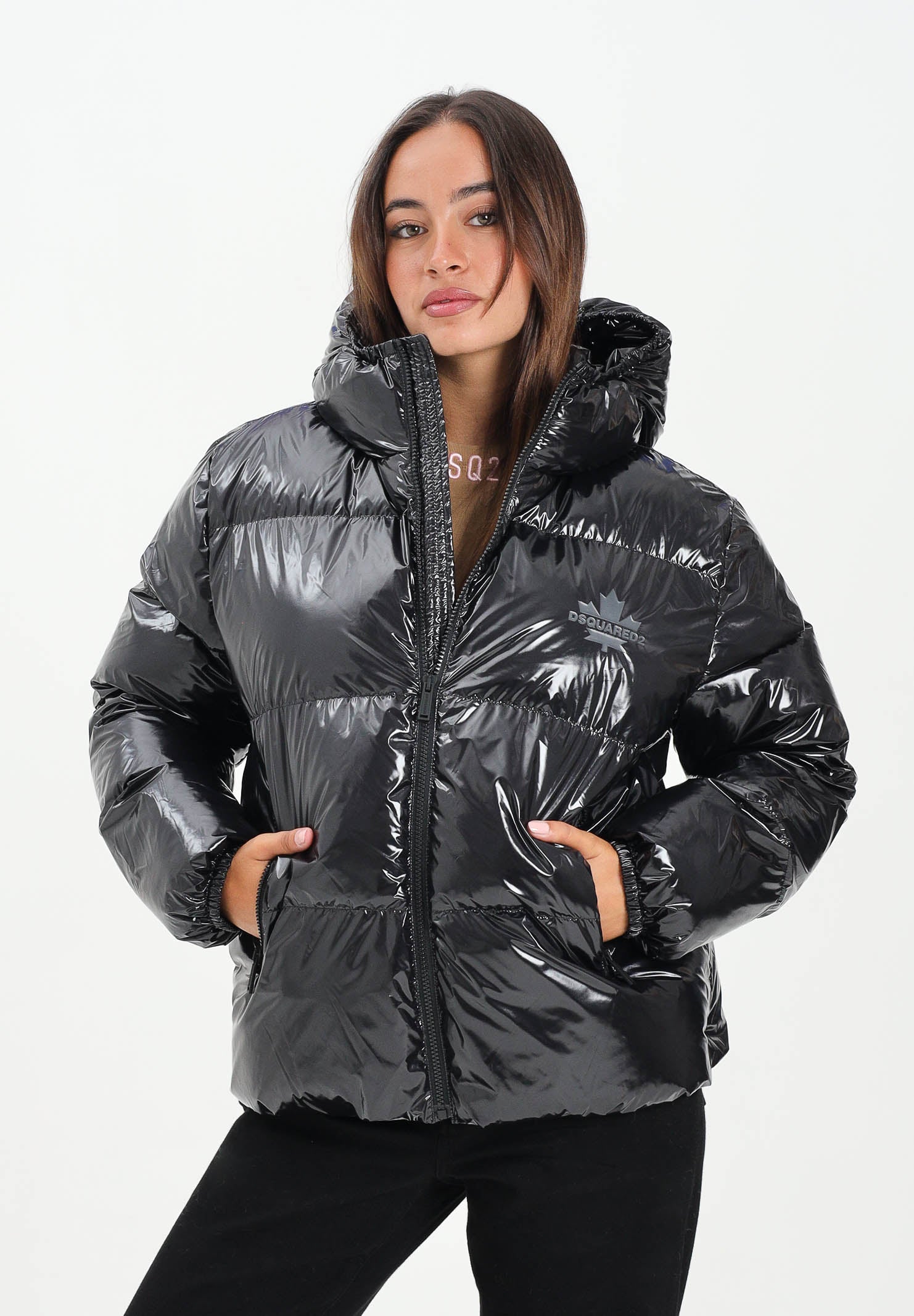 DSQUARED2 Piumino nero per donna, ragazzi e bambini con logo Maple Leaf DQ3042D0ADY DQ900 DSQUARED2