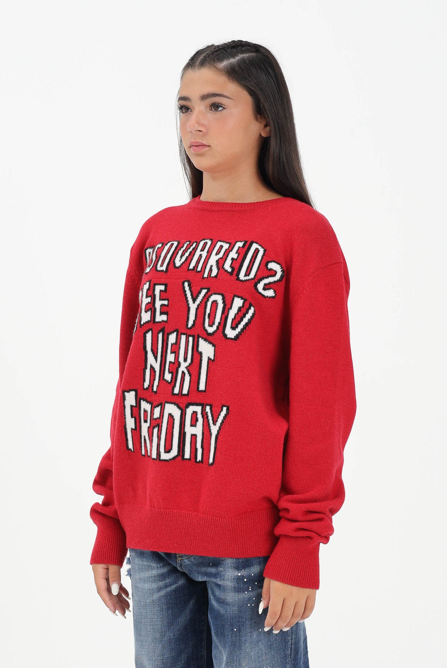 DSQUARED2 Maglioncino girocollo rosso per donna, ragazzi e bambini con lettering DQ3067D0AFE DQ423 DSQUARED2