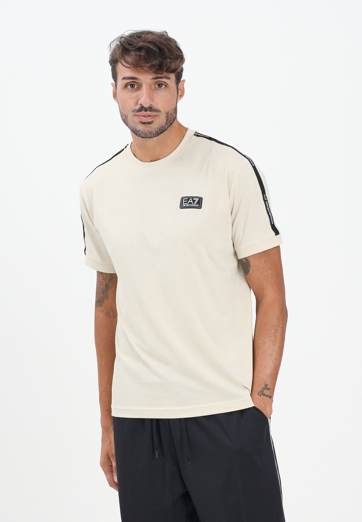 EA7 T-shirt a manica corta panna da uomo con bande logate 7M000956AF10375 M1218 EA7