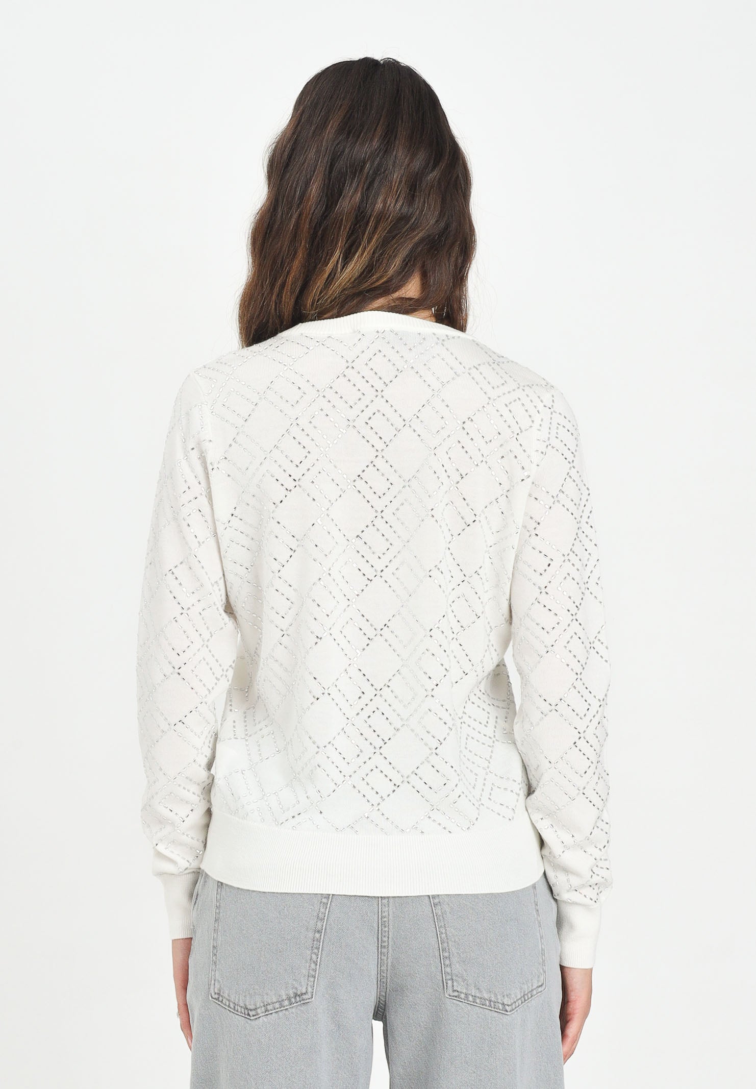 ELISABETTA FRANCHI Cardigan bianco latte da donna con cristalli<BR/> MK26B56E2 EH9 ELISABETTA FRANCHI