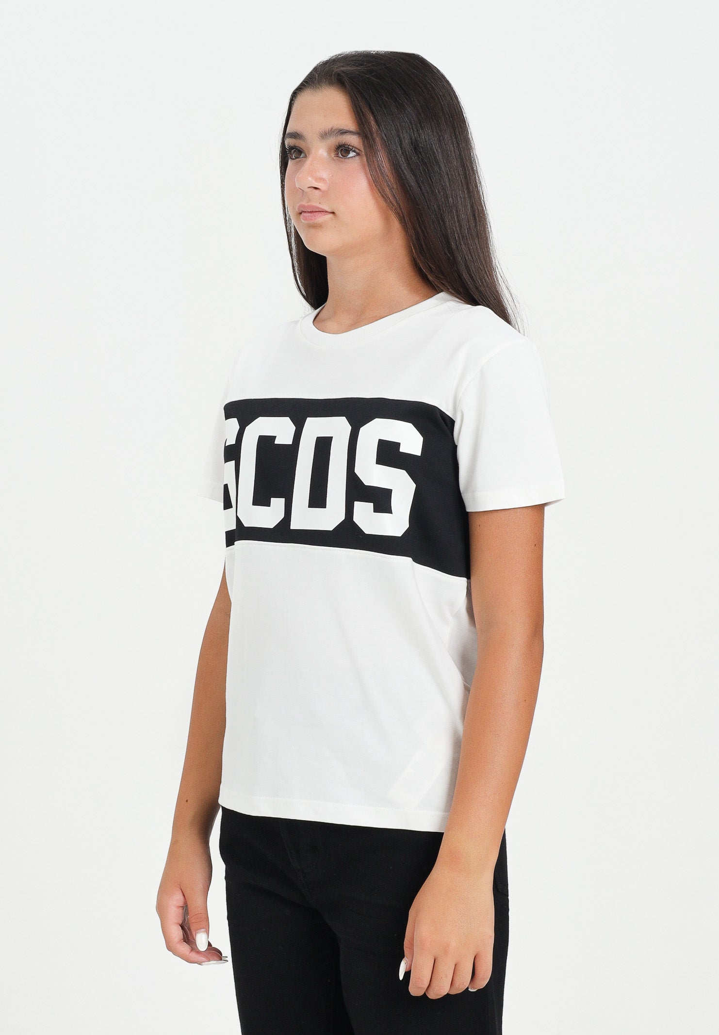 GCDS T-shirt a manica corta bianca per donna, ragazzi e bambini con fascia nera logata B2JU2329JF1 15 GCDS