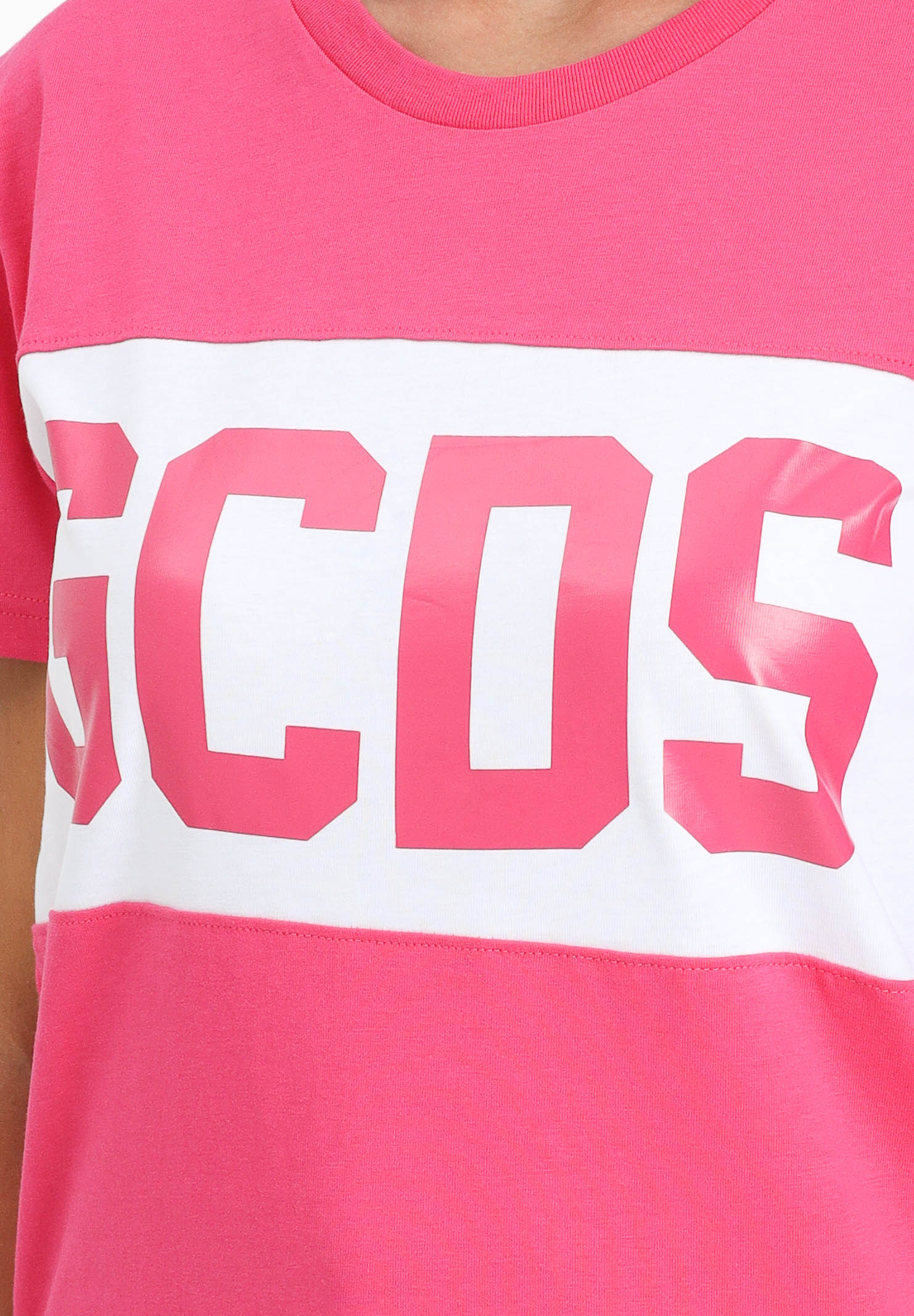 GCDS T-shirt a manica corta fucsia per donna, ragazze e bambine con fascia bianca logata B2JU2329JF1 59 GCDS
