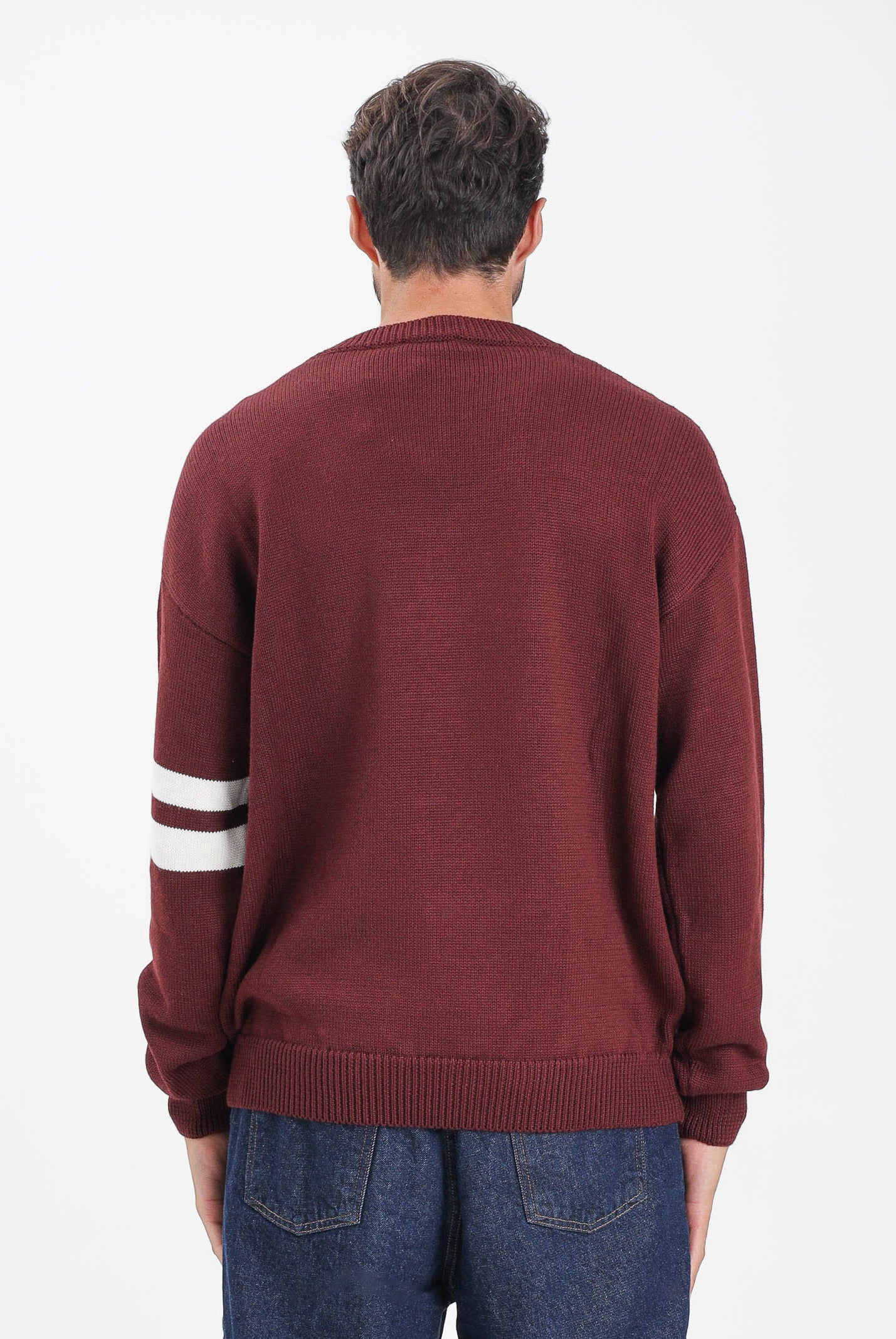 GCDS Maglione girocollo bordeaux per uomo e donna con logo e bande a contrasto B2XM1506I5 49 GCDS