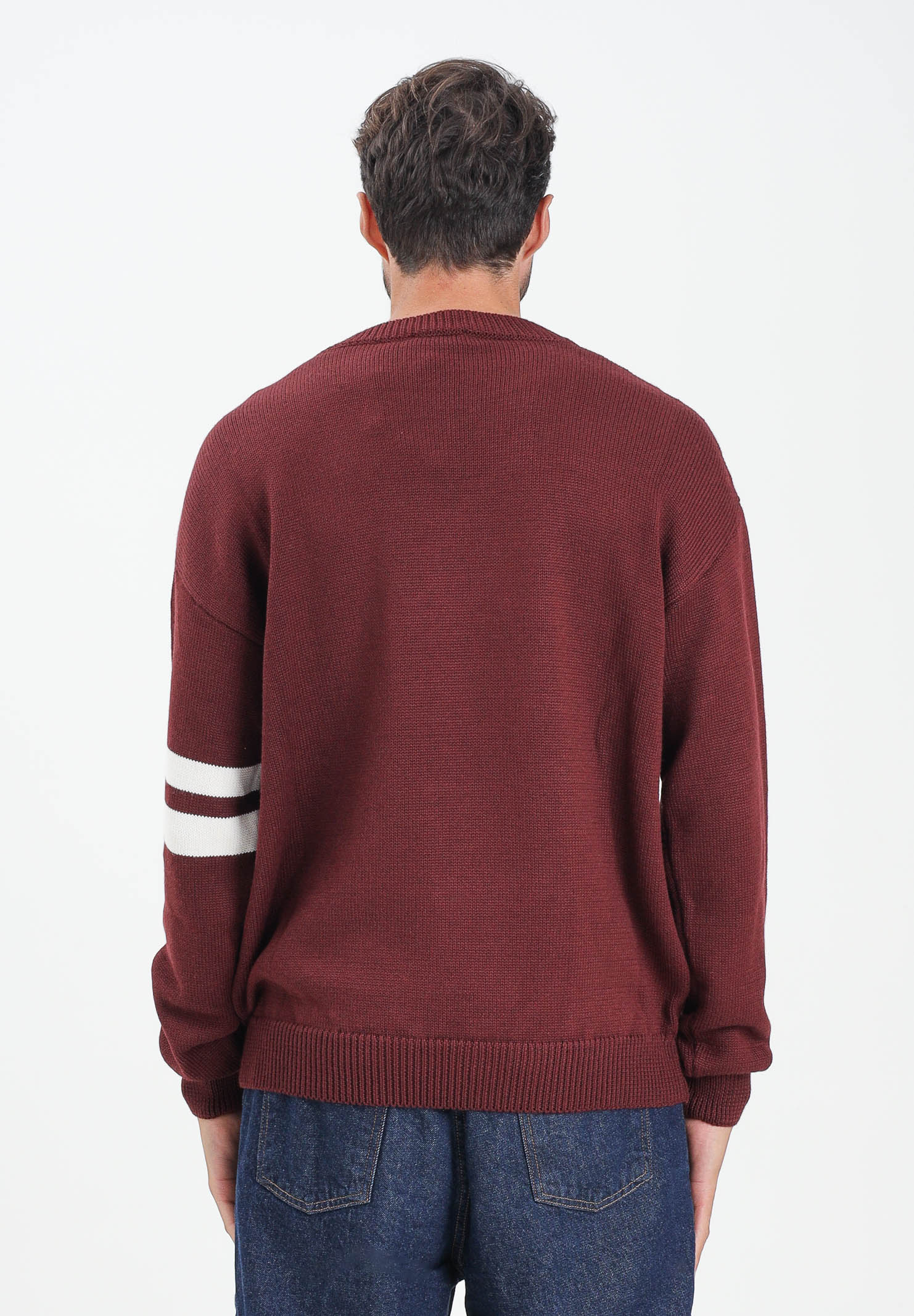 GCDS Maglione girocollo bordeaux per uomo e donna con logo e bande a contrasto B2XM1506I5 49 GCDS