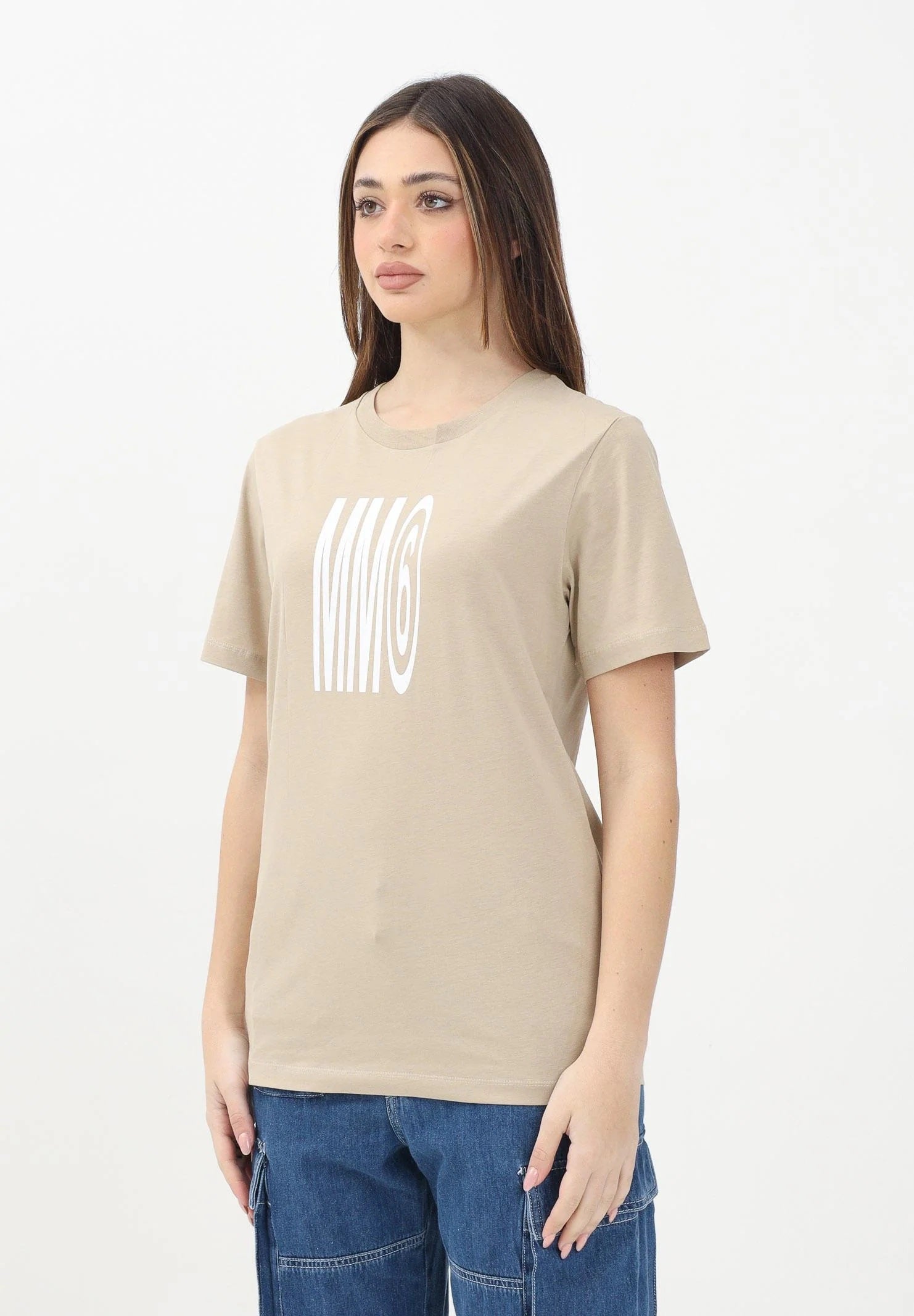 MAISON MARGIELA T-shirt a manica corta beige per donna, ragazzi e bambini con logo MM6 M60807MM04I BE MAISON MARGIELA