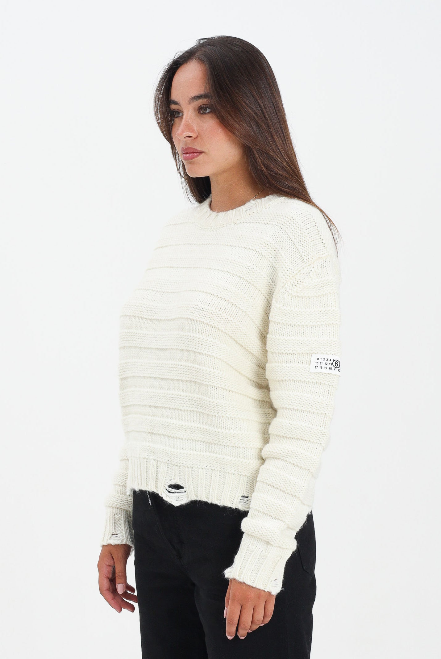MAISON MARGIELA Maglioncino girocollo panna per donna, ragazzi e bambini in misto lana a coste con rotture<BR/> M60880MM06P M6101 MAISON MARGIELA