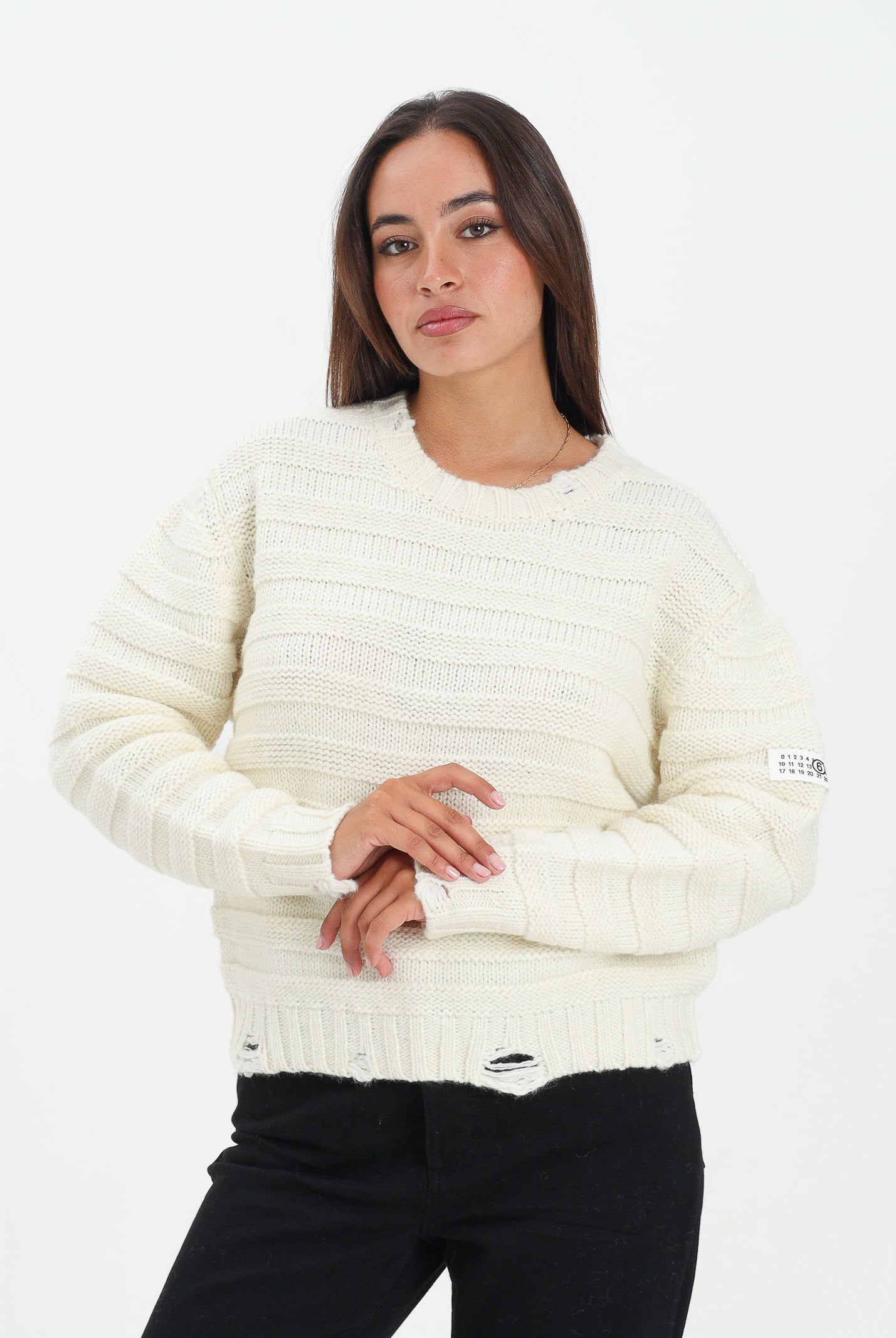 MAISON MARGIELA Maglioncino girocollo panna per donna, ragazzi e bambini in misto lana a coste con rotture<BR/> M60880MM06P M6101 MAISON MARGIELA