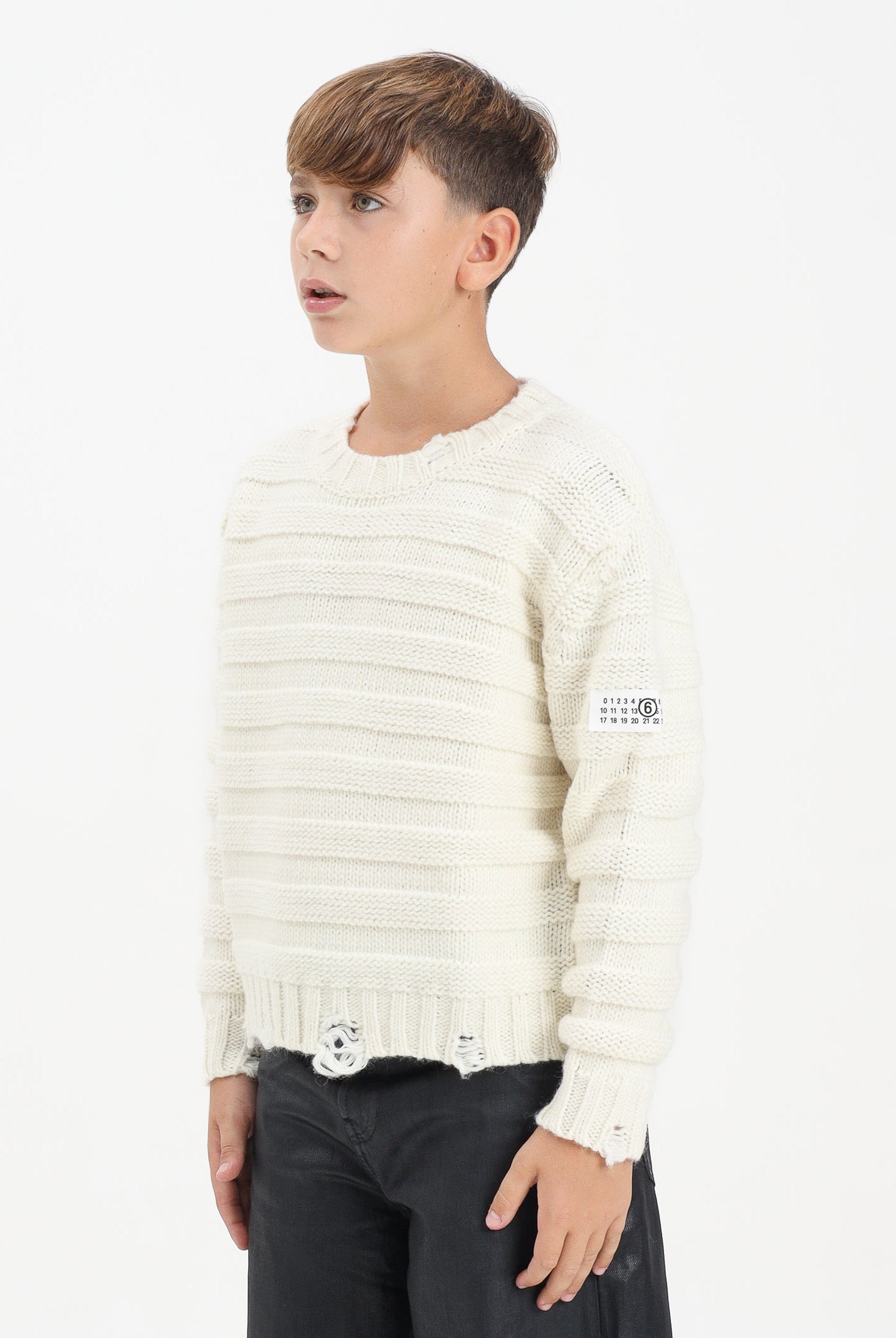 MAISON MARGIELA Maglioncino girocollo panna per donna, ragazzi e bambini in misto lana a coste con rotture<BR/> M60880MM06P M6101 MAISON MARGIELA