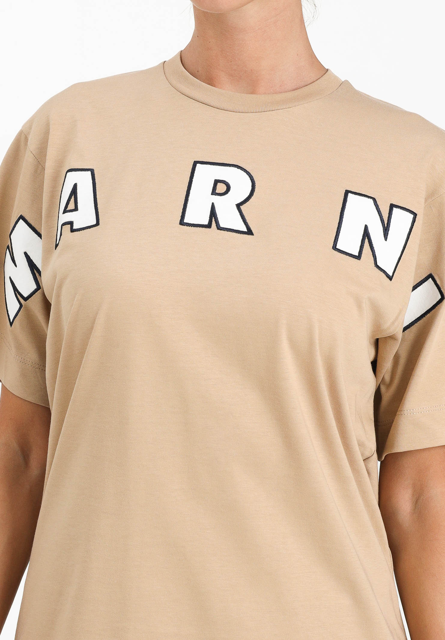 MARNI T-shirt a manica corta beige per donna, ragazzi e bambini con ricamo logo M01265M00RF 0M715 MARNI