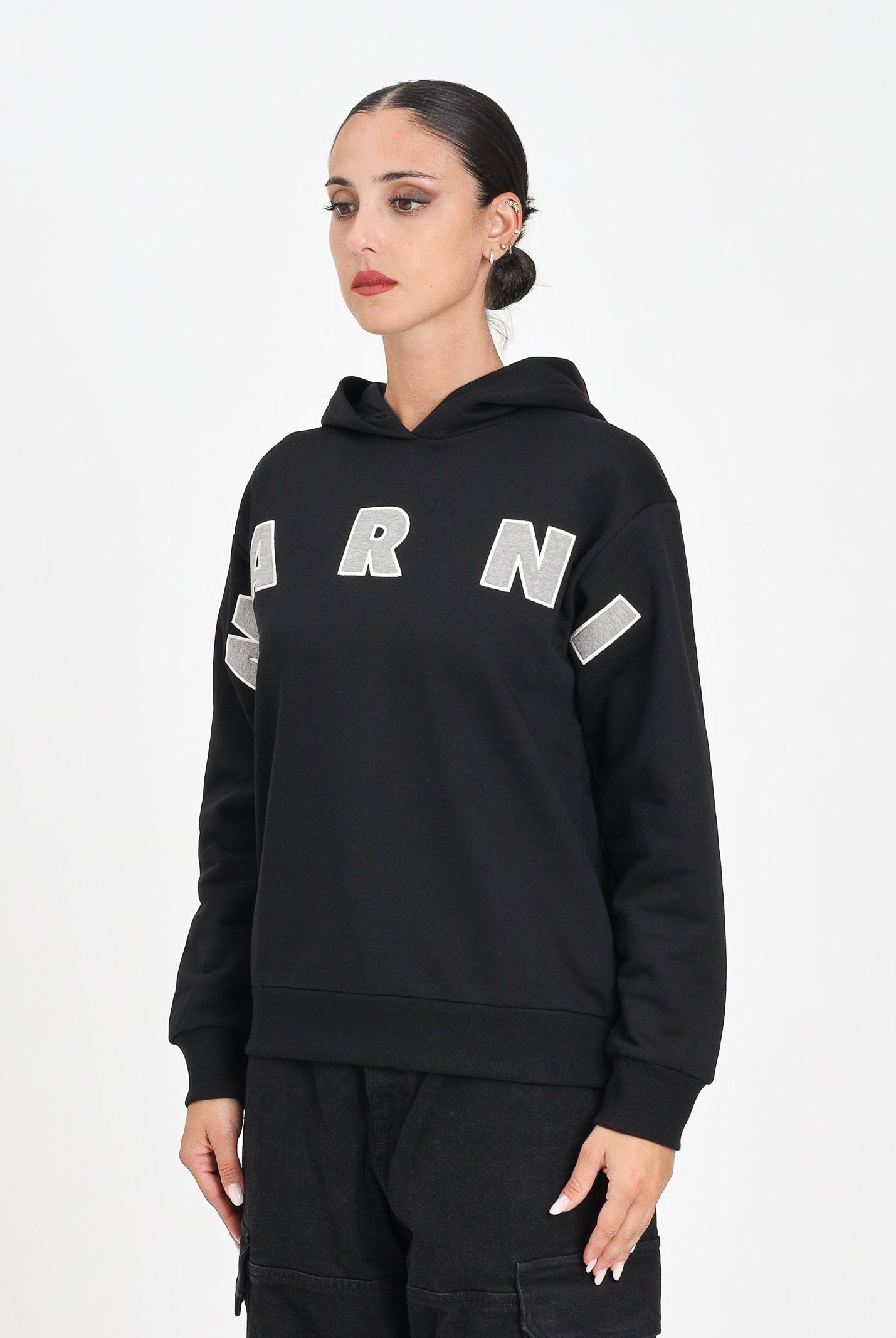 MARNI Felpa con cappuccio nera per donna, ragazzi e bambini rifinita da logo Patch Marni ricamato M01266M00V0 0M90D MARNI