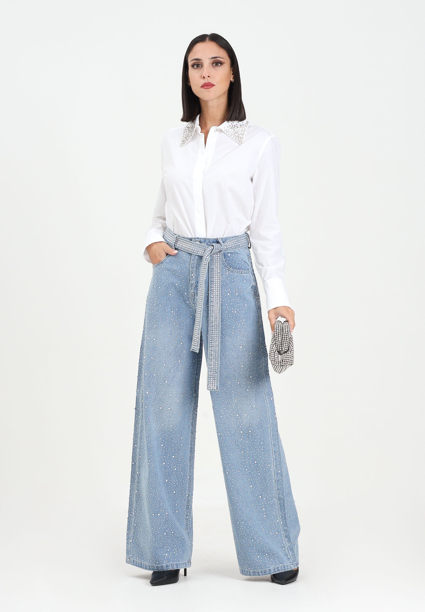 ODI ODI Jeans palazzo Murano in denim chiaro da donna impreziositi da strass MURANO100W5 C9 ODI ODI