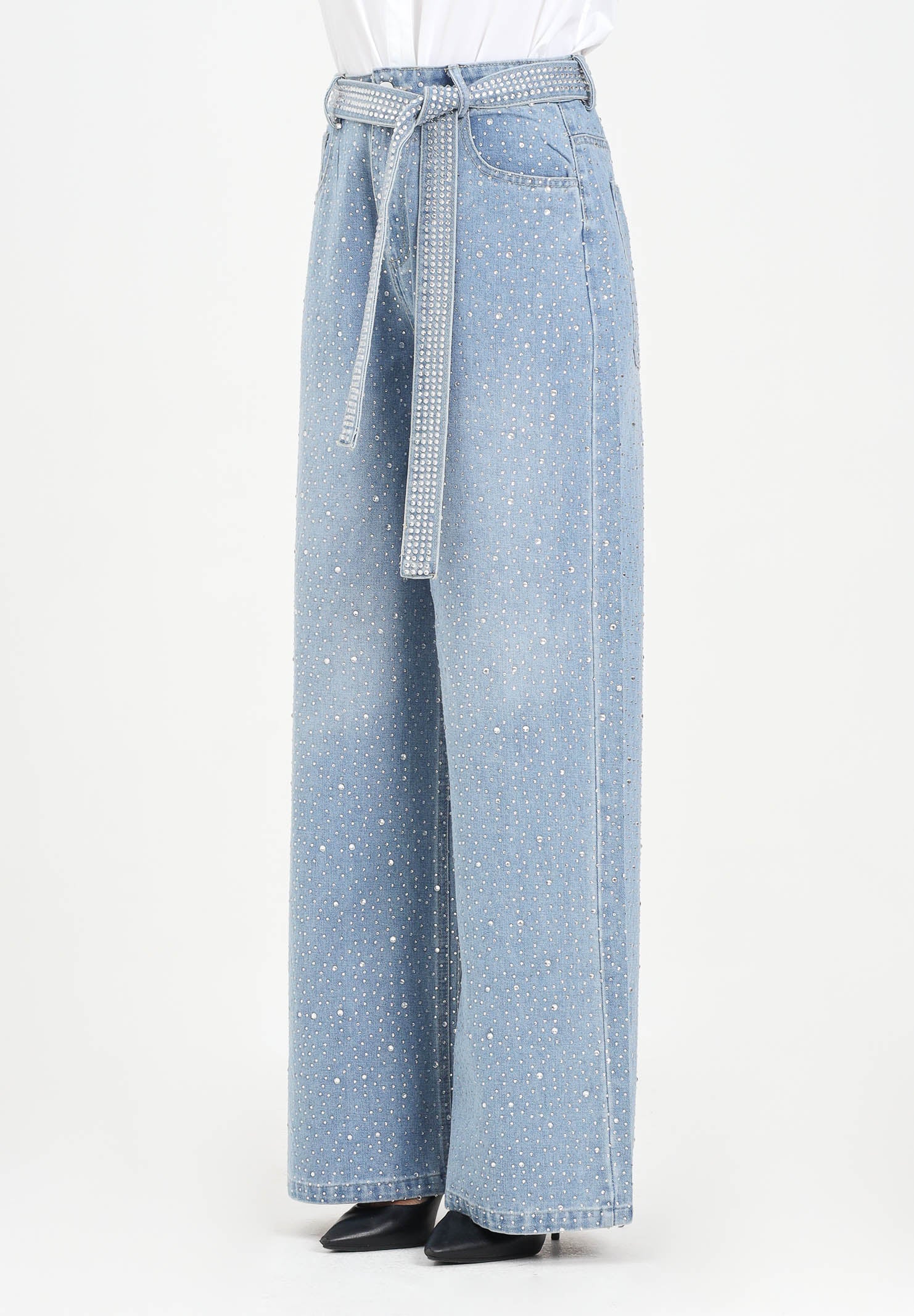 ODI ODI Jeans palazzo Murano in denim chiaro da donna impreziositi da strass MURANO100W5 C9 ODI ODI