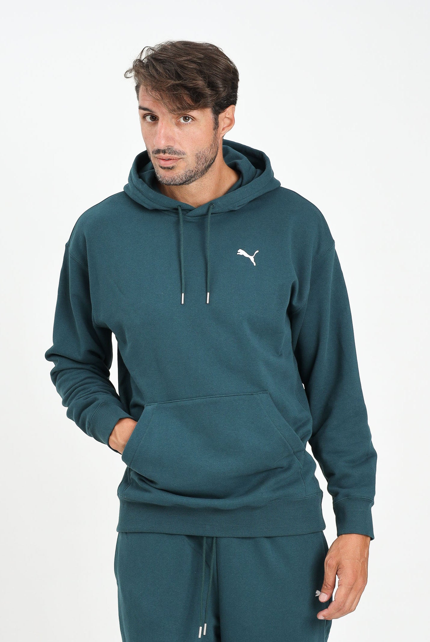 PUMA Felpa con cappuccio WARDROBE ESS verde petrolio da uomo 629648 75 PUMA