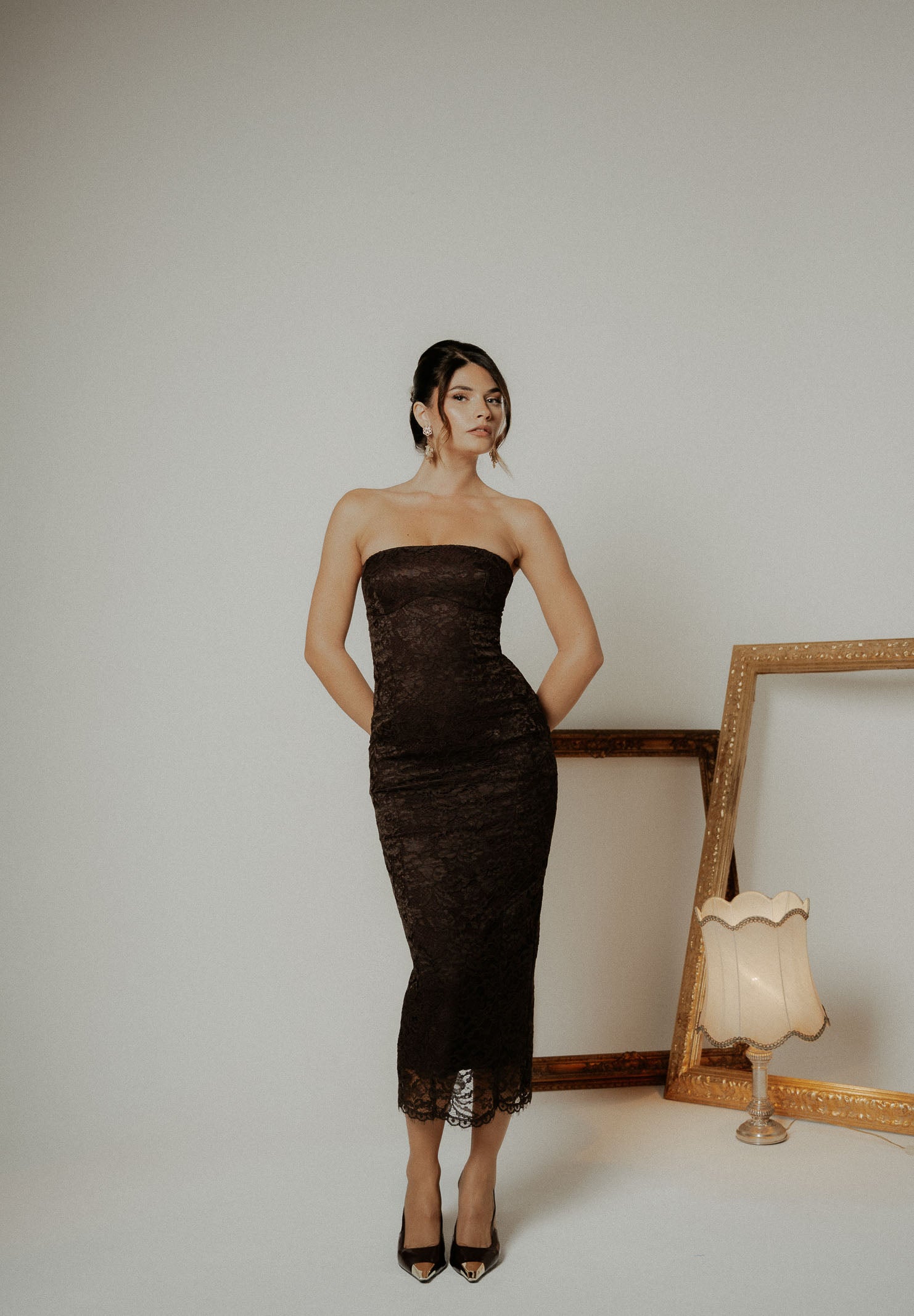 SANTAS Abito midi CHARME in pizzo marrone da donna PV2602 MA SANTAS