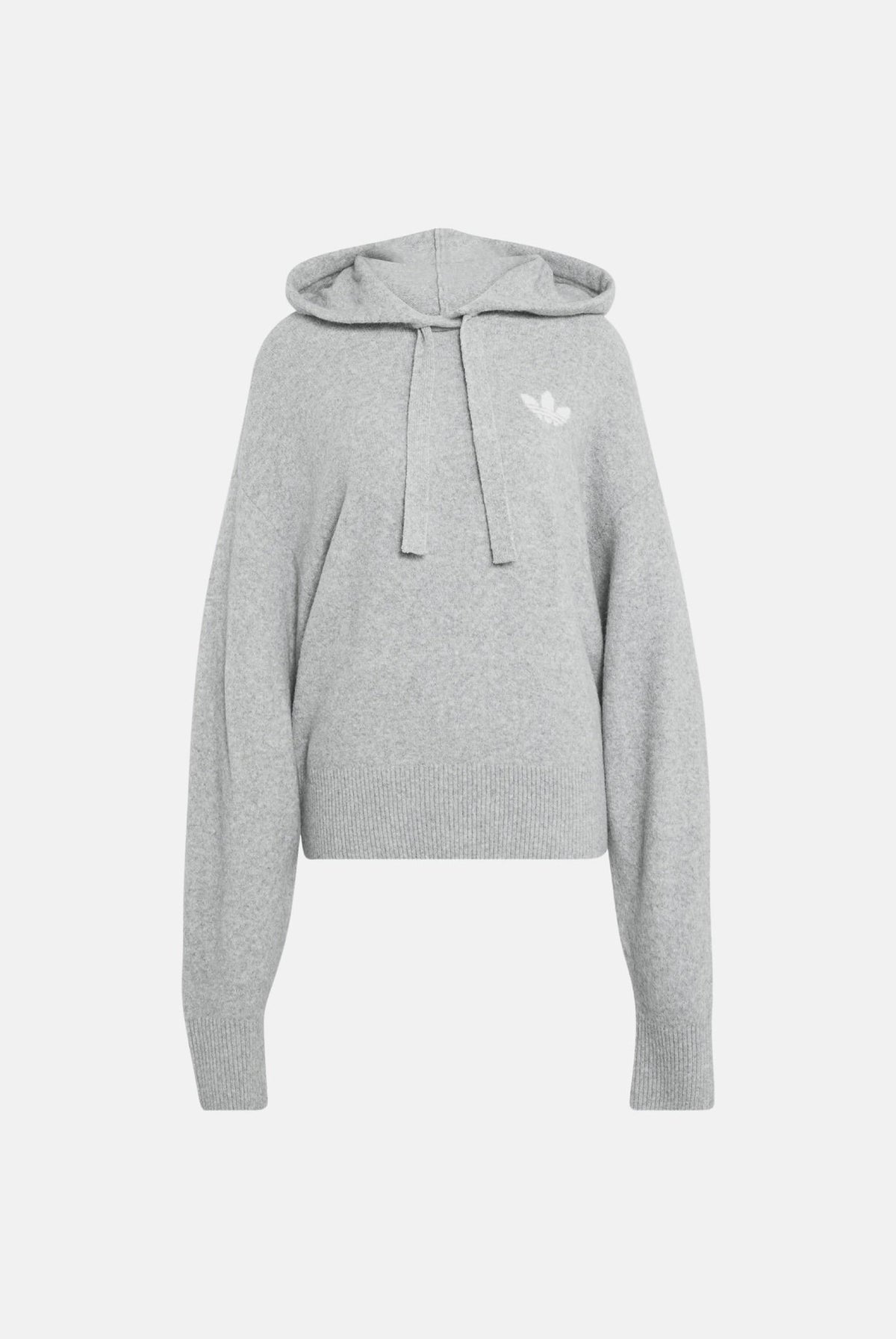 ADIDAS ORIGINALS Maglione con cappuccio KNIT HOODIE grigio per donna con tasca marsupio e mini logo iconico IA4450 . ADIDAS ORIGINALS