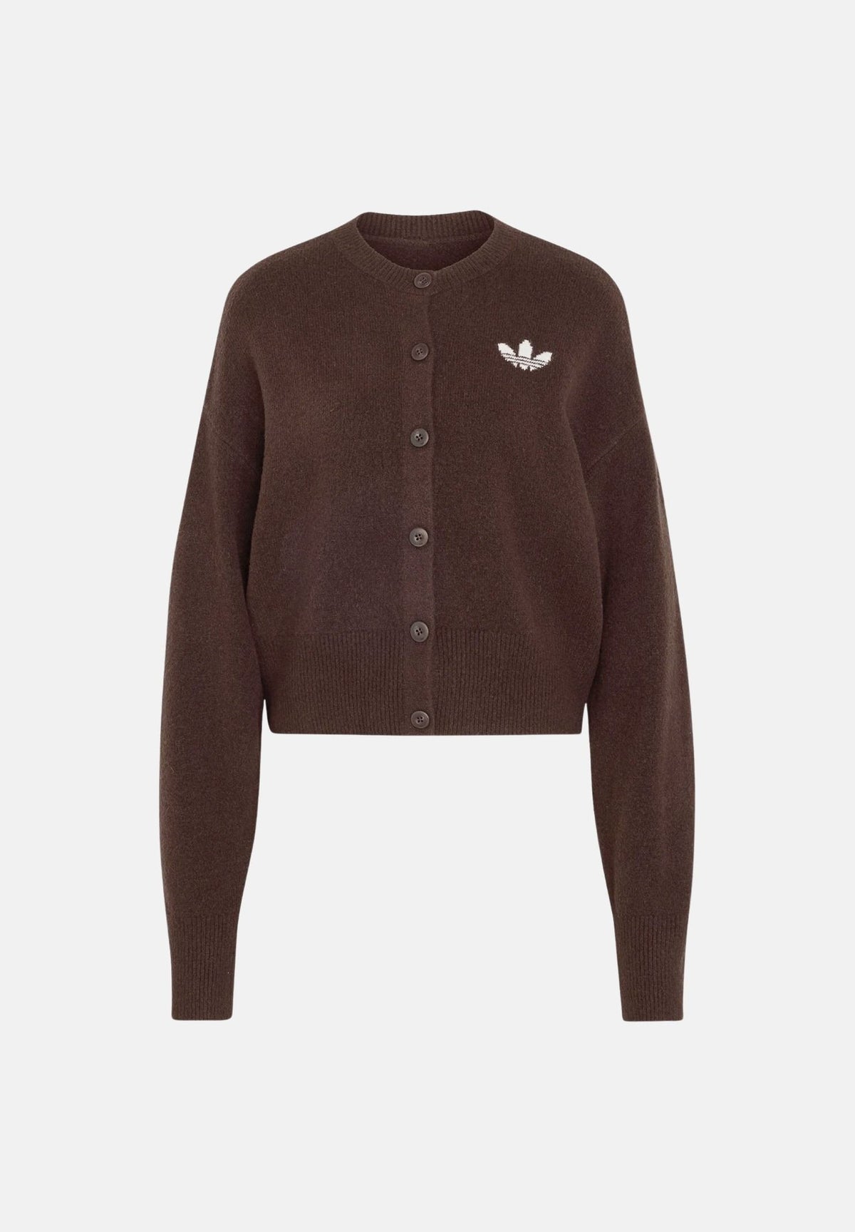 ADIDAS ORIGINALS Cardigan corto marrone per donna con chiusura a bottoni e logo Trefoil ricamato. IA4455 . ADIDAS ORIGINALS