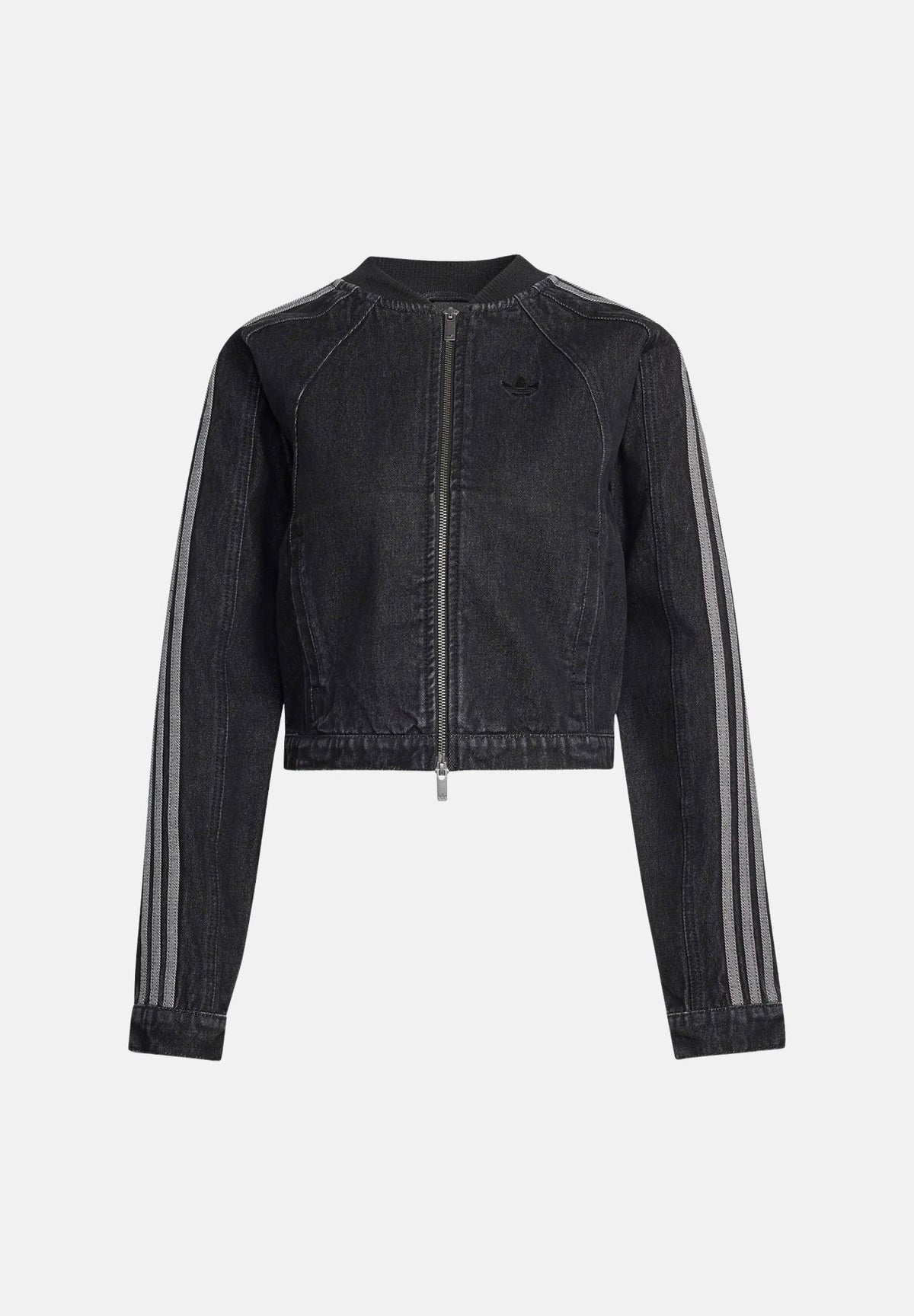 ADIDAS ORIGINALS Giubbotto di jeans nero da donna con zip integrale e bande laterali a contrasto. KQ6467 . ADIDAS ORIGINALS