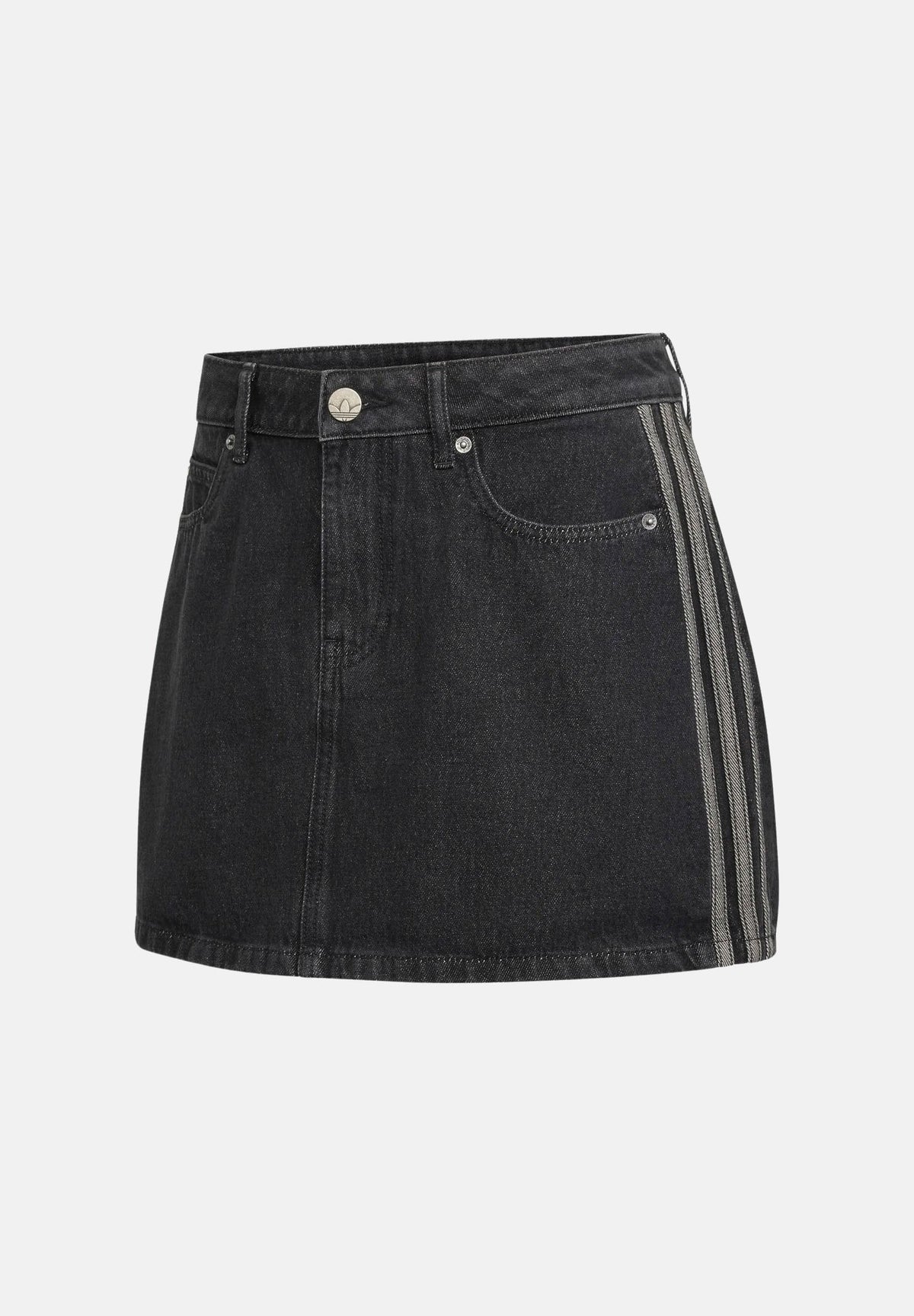 ADIDAS ORIGINALS Gonna MID RISE corta nero denim da donna con iconiche 3-Stripes laterali a contrasto. KQ6485 . ADIDAS ORIGINALS