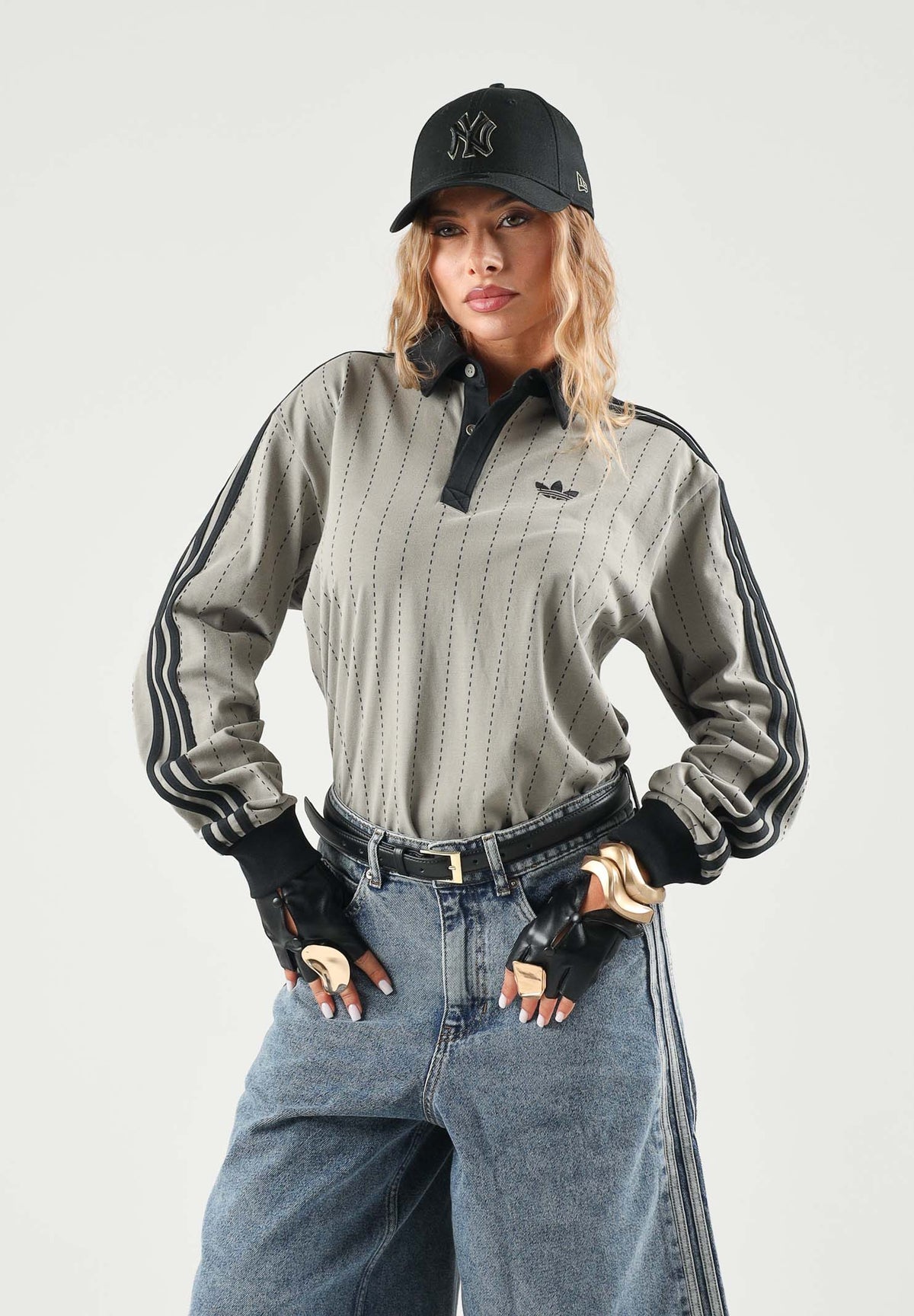 ADIDAS ORIGINALS Polo PINSTRIPES LONGSLEEVE manica lunga beige/ coffe da uomo KQ8876 . ADIDAS ORIGINALS