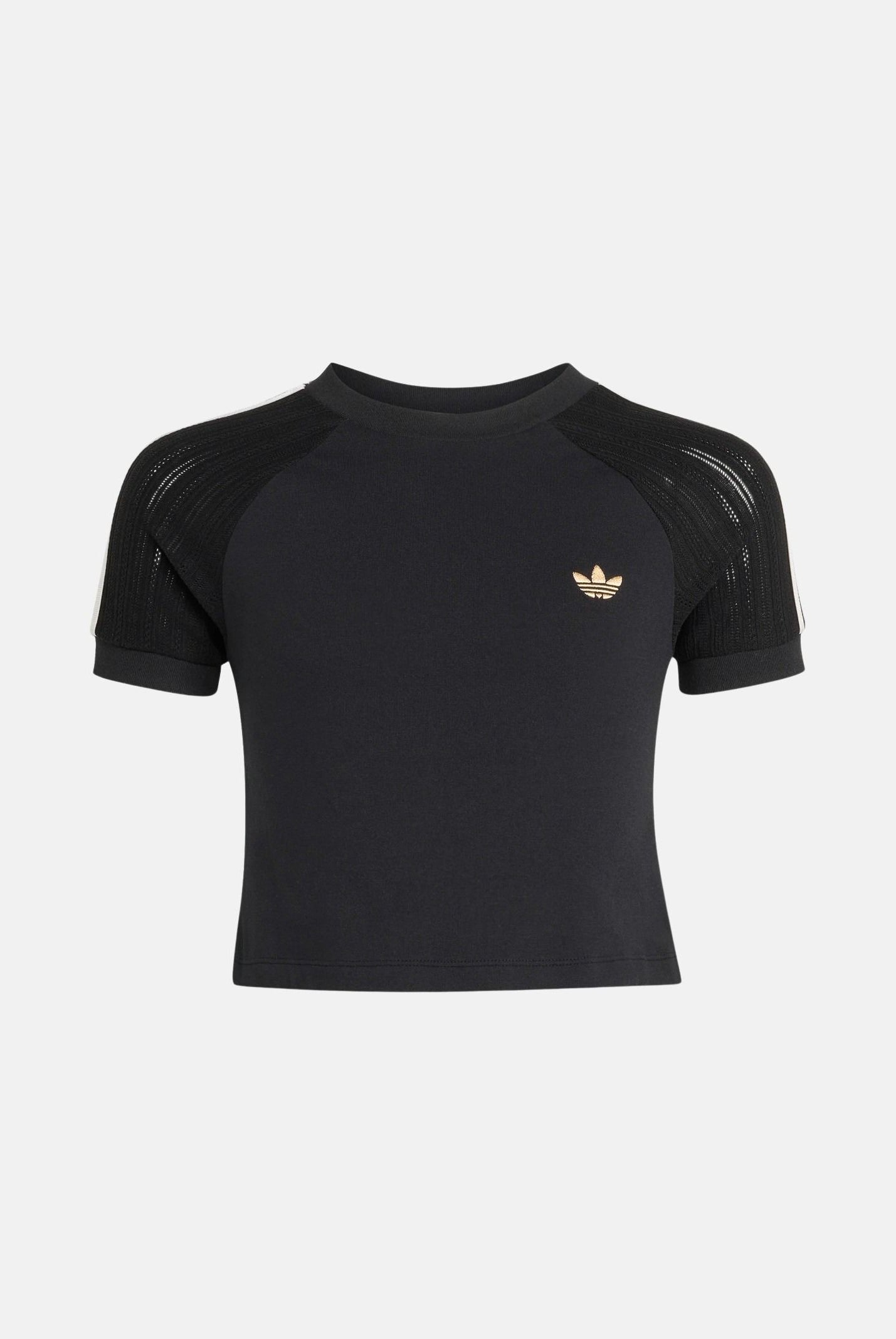 ADIDAS ORIGINALS T-shirt aderente in maglia black-nera da bambina con logo Trefoil ricamato<BR/> KR3924 . ADIDAS ORIGINALS