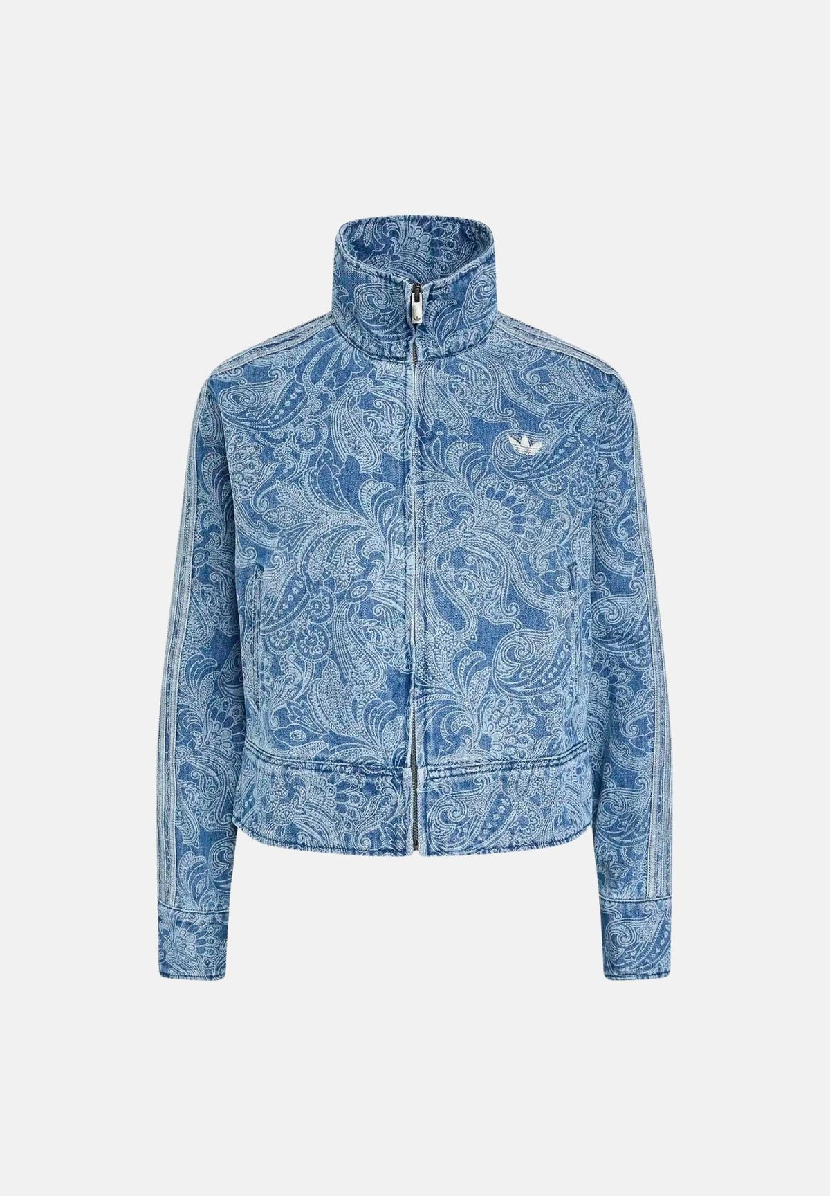ADIDAS ORIGINALS Giubbotto di jeans LIBERTY LONDON FIREBIRD denim azzurro da donna con fantasia stampata effetto slavato KR6674 . ADIDAS ORIGINALS