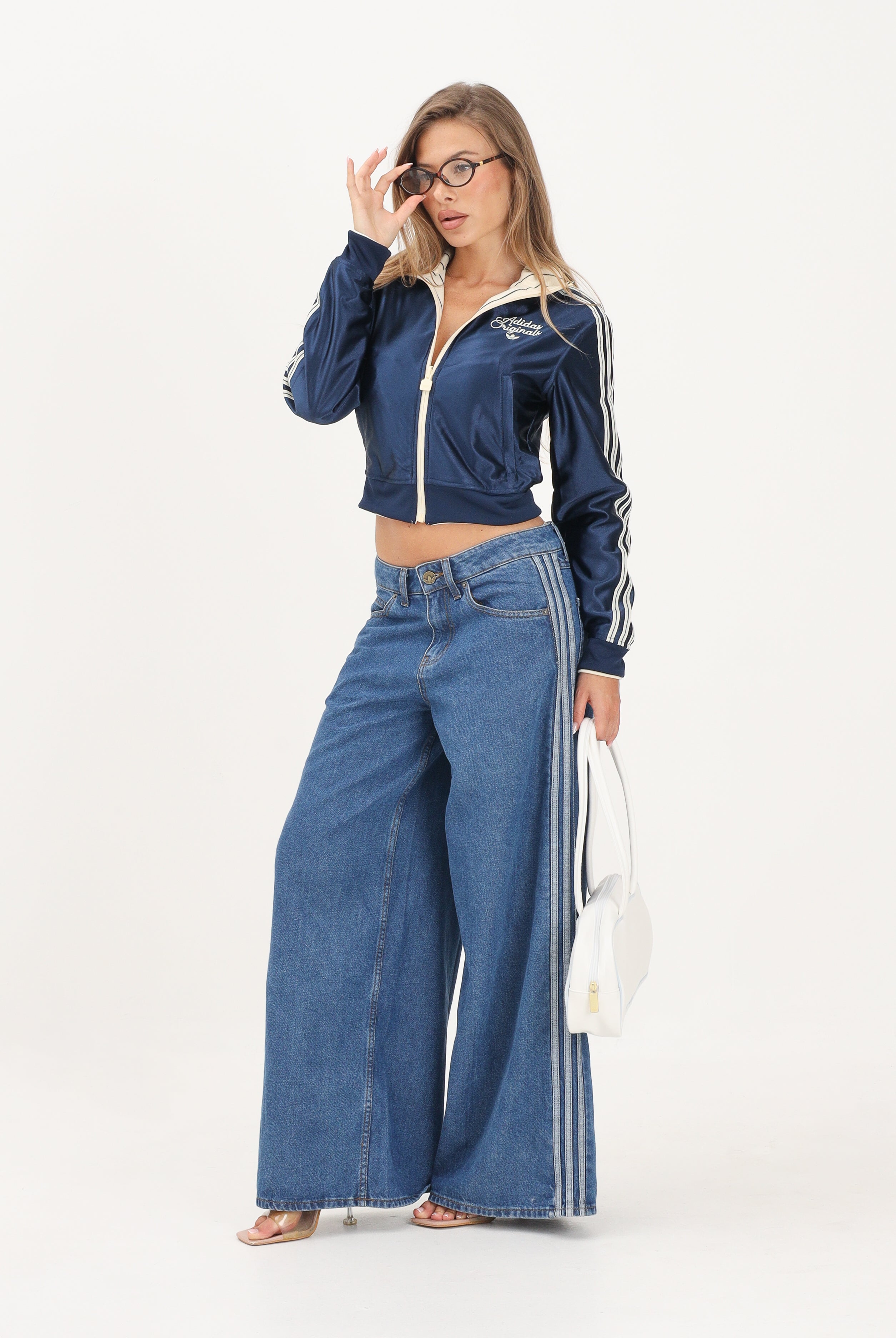 ADIDAS ORIGINALS Felpa FIREBIRD con zip vaniglia-blu da donna con fantasia a righe verticali KR7031 . ADIDAS ORIGINALS