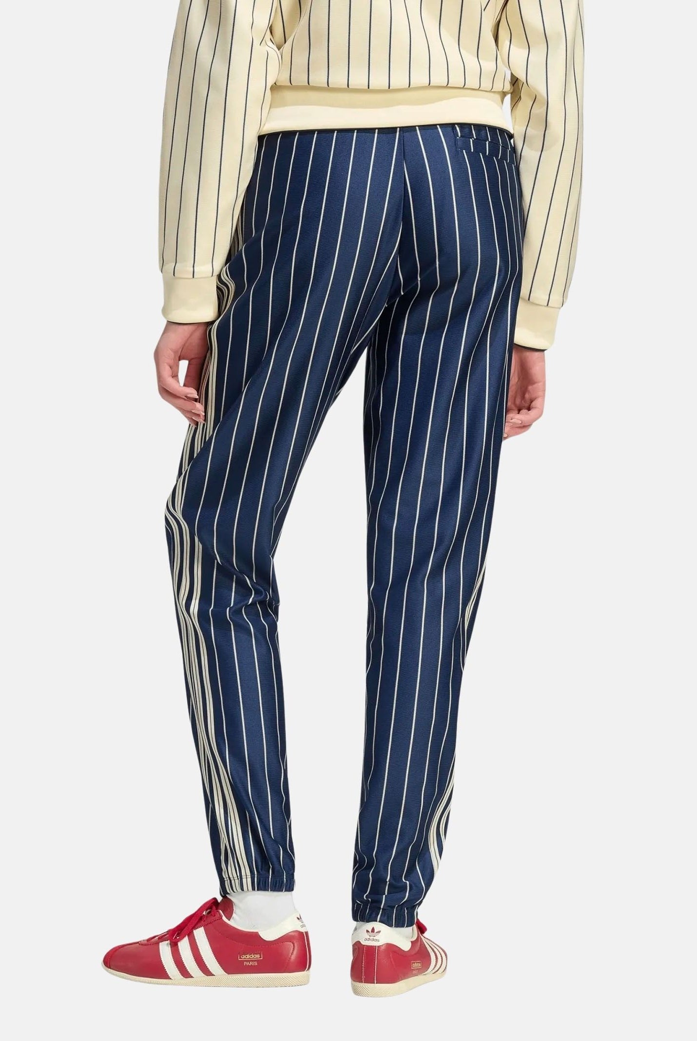ADIDAS ORIGINALS Pantaloni PINSTRIPE FIREBIRD indigo blu da donna con motivo gessato e dettagli a contrasto. KR7037 . ADIDAS ORIGINALS