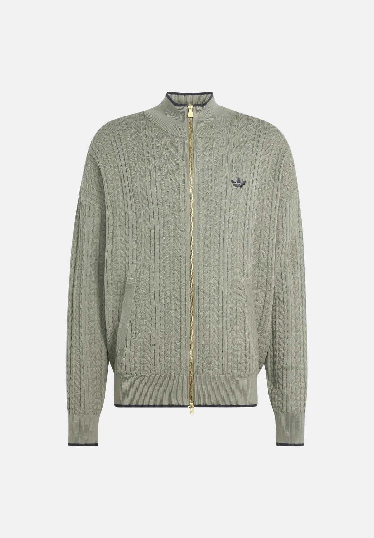 ADIDAS ORIGINALS Cardigan FIREBIRD CABLE KNIT Silver Pebble beige da uomo con lavorazione a trecce KR9761 . ADIDAS ORIGINALS