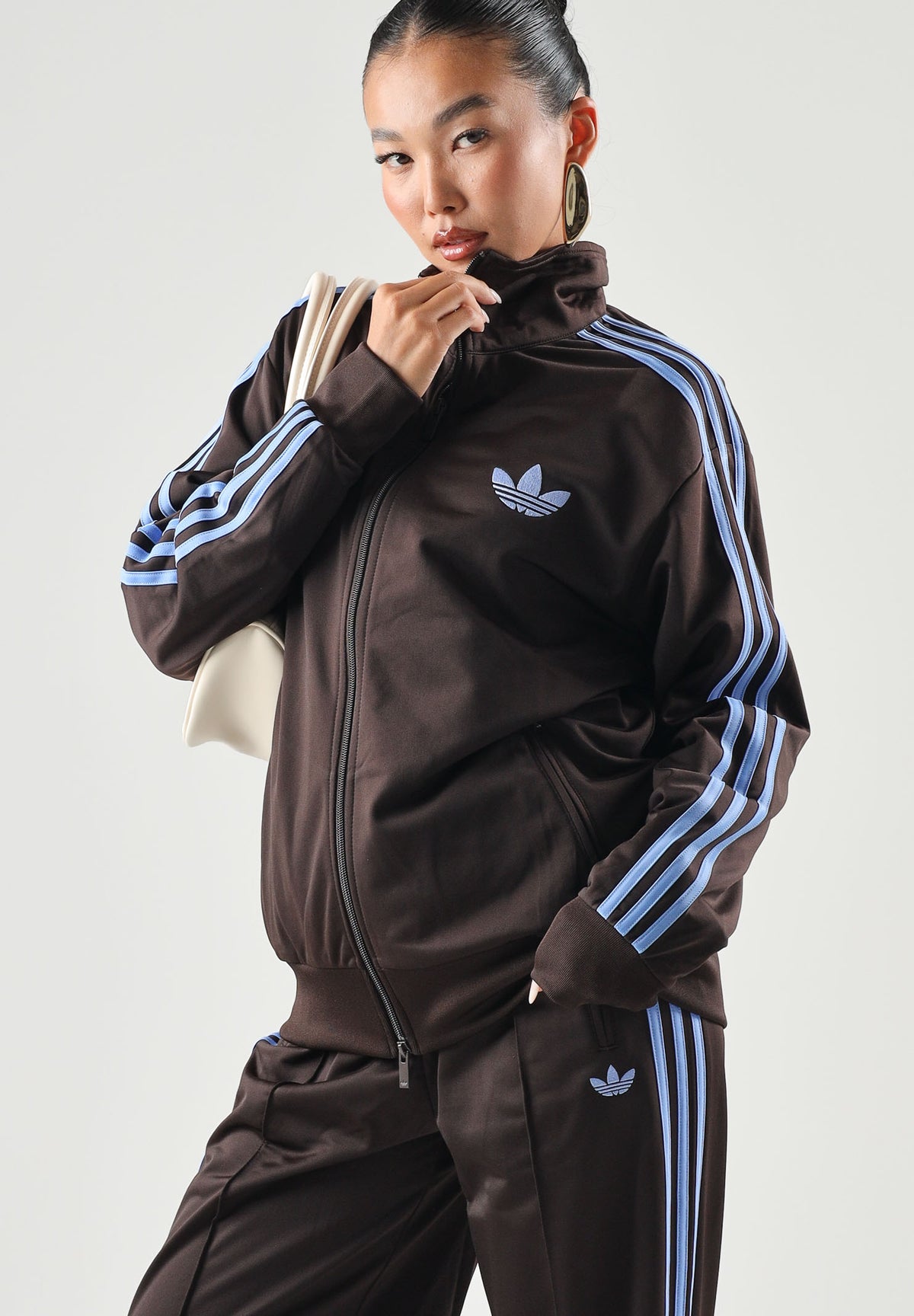 ADIDAS ORIGINALS Felpa con zip FIREBIRD LOOSE Aurora Coffee-marrone da donna con 3-stripes KS4680 . ADIDAS ORIGINALS