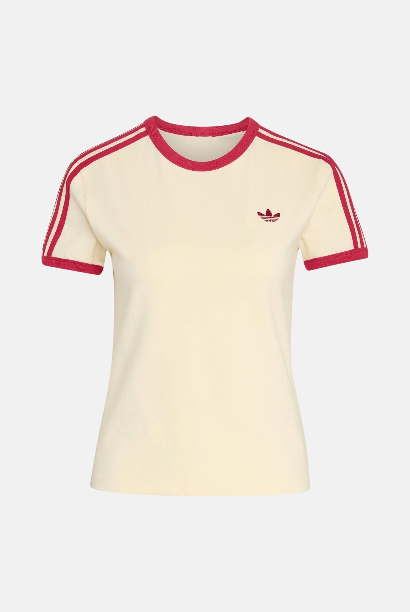 ADIDAS ORIGINALS T-shirt 3 STRIPES SLIM TEE Warm Vanilla crema e rossa da donna con iconiche 3-Stripes KS4780 . ADIDAS ORIGINALS