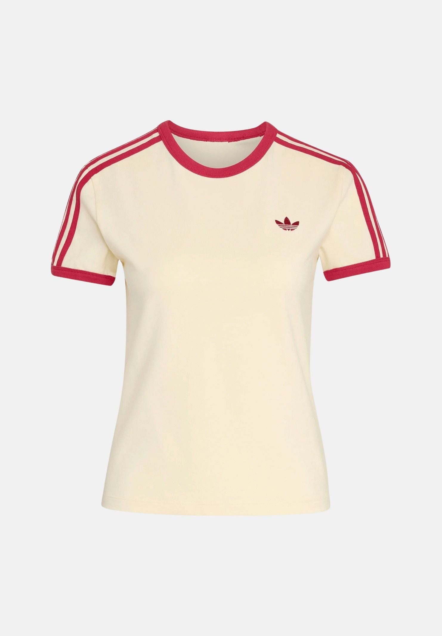 ADIDAS ORIGINALS T-shirt 3 STRIPES SLIM TEE Warm Vanilla crema e rossa da donna con iconiche 3-Stripes KS4780 . ADIDAS ORIGINALS