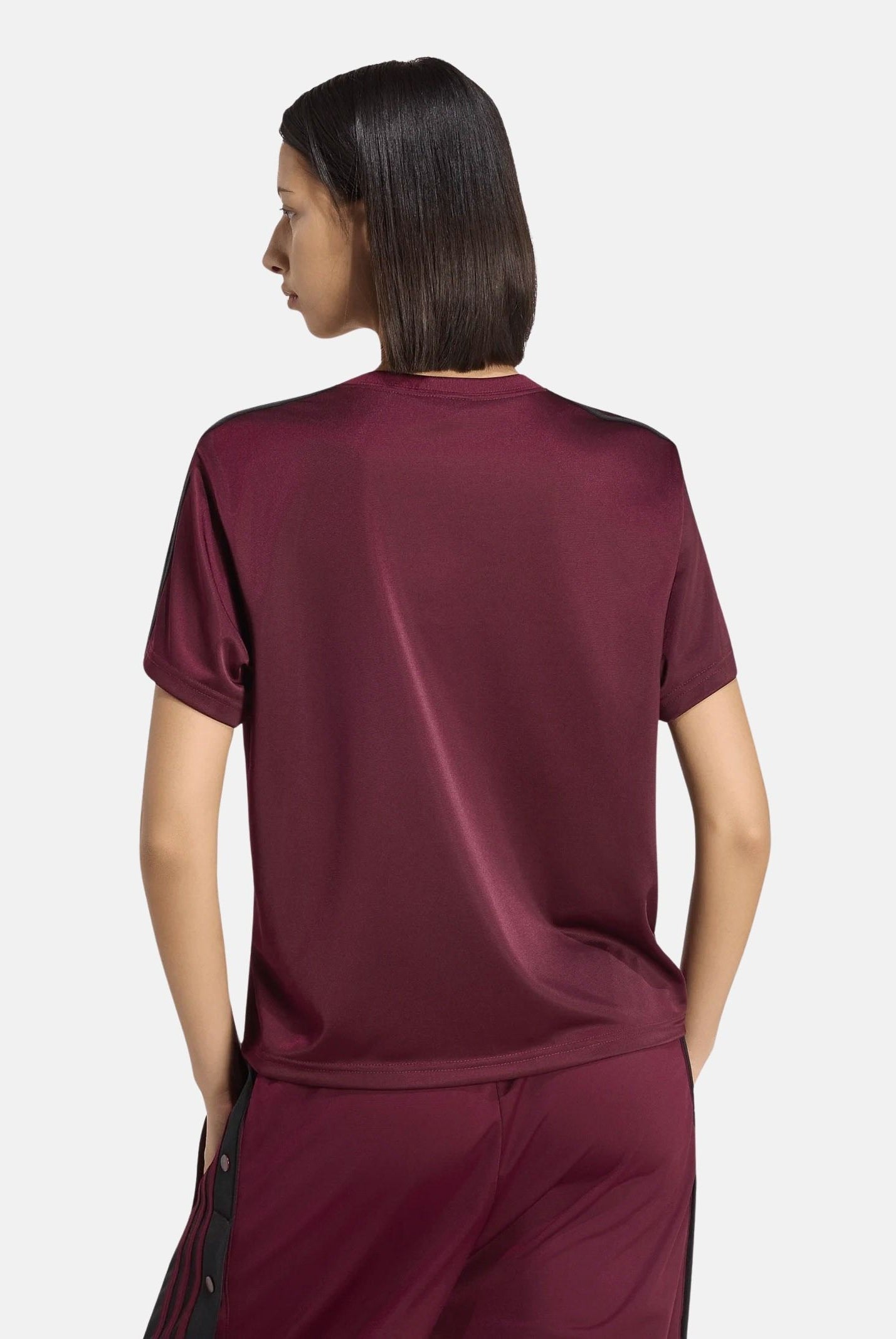 ADIDAS ORIGINALS T-shirt FIREBIRD TEE SHADOW marrone e bordeaux da donna con iconiche 3- stripes nere KS4799 . ADIDAS ORIGINALS