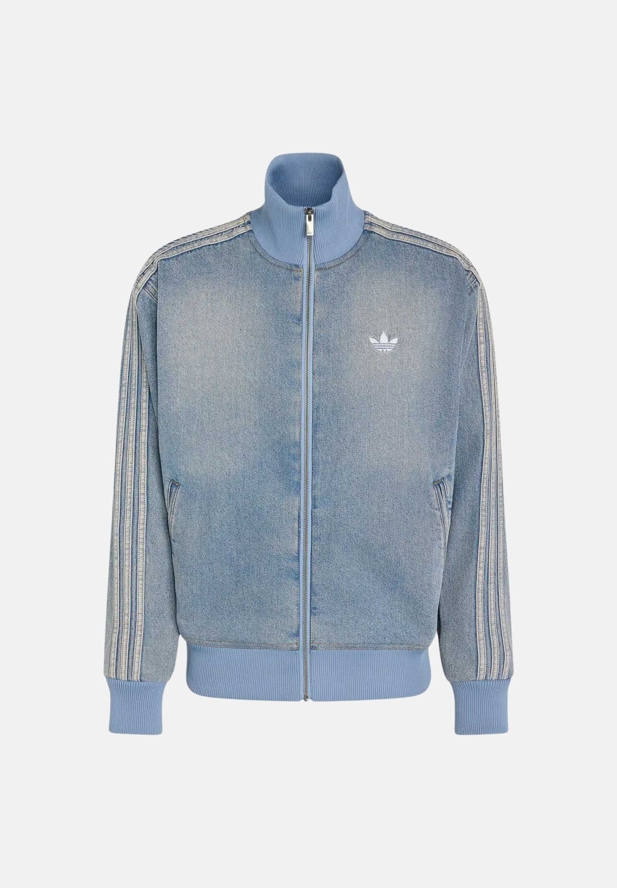 ADIDAS ORIGINALS Giubbotto di jeans FIREBIRD ADICOLOR denim-azzurro da uomo con effetto slavato e 3-Stripes sulle maniche. KS4970 . ADIDAS ORIGINALS